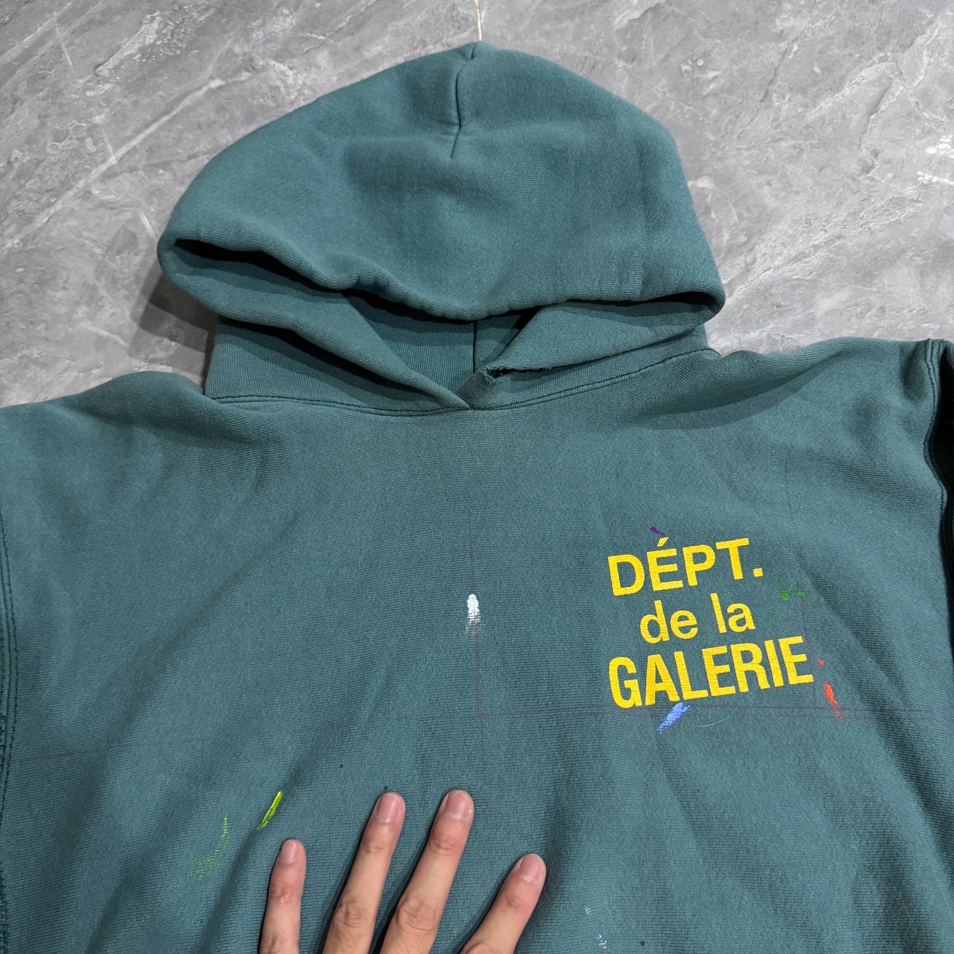 Gallery Dept Teal Splatter Hoodie — label