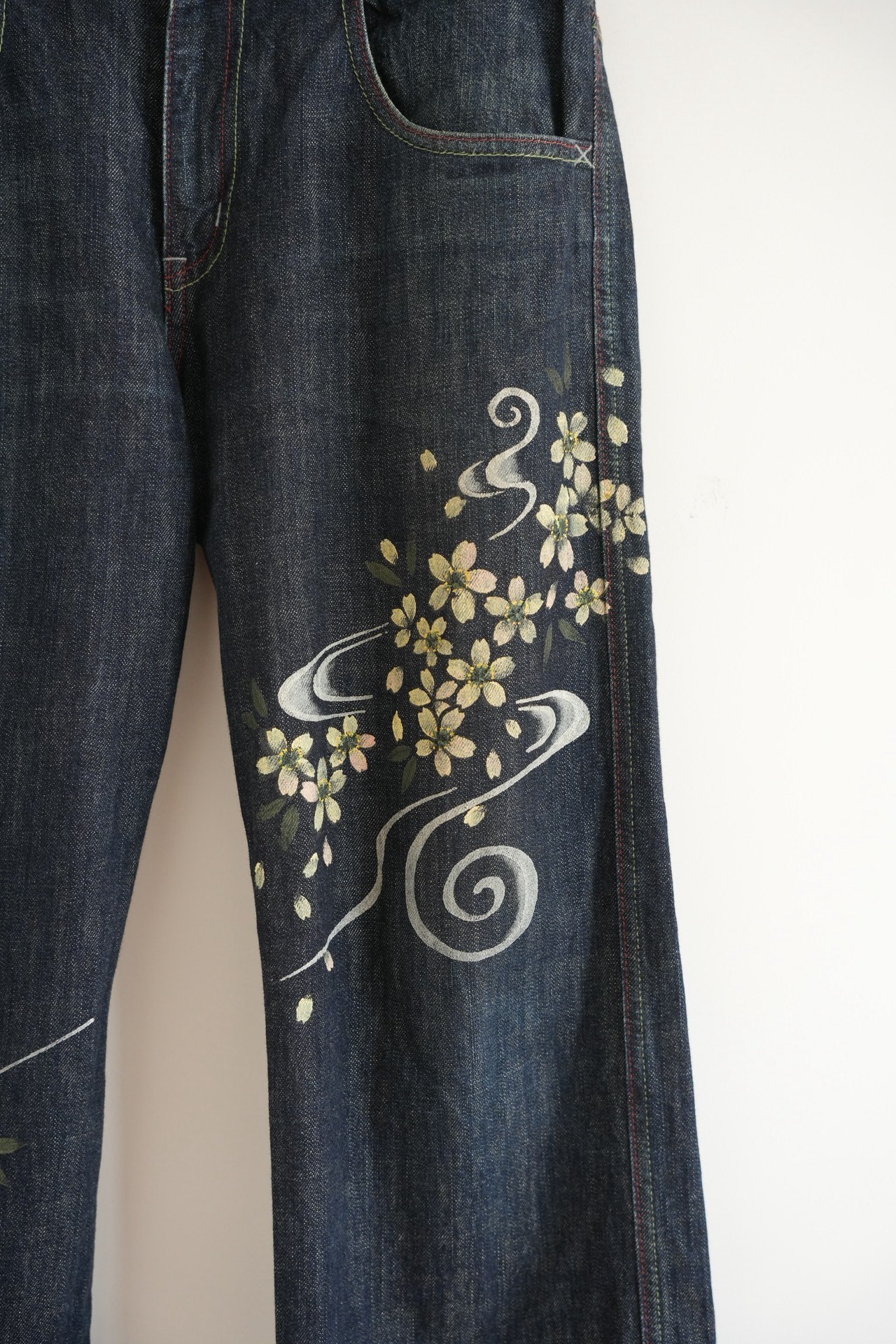 Kyoto Yuzen Hand-Painted Cherry Denim Jeans — detail