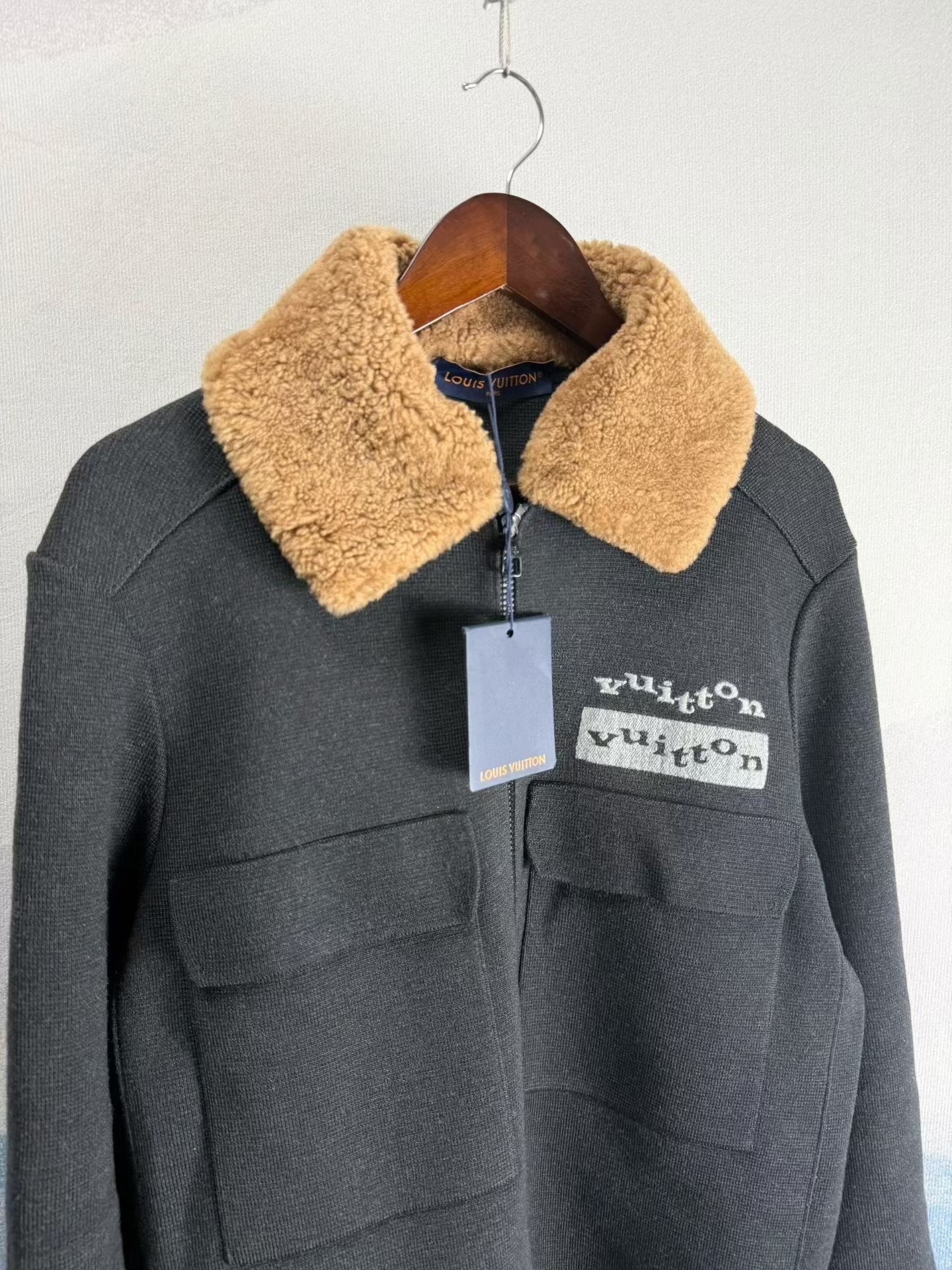 Louis Vuitton Black Zip Jacket Shearling Collar — detail