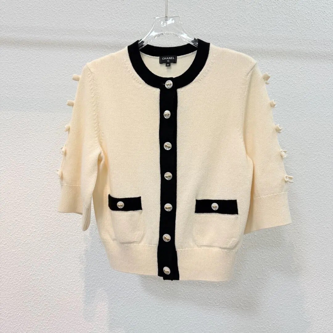 Chanel 25K White Black Bow Cardigan