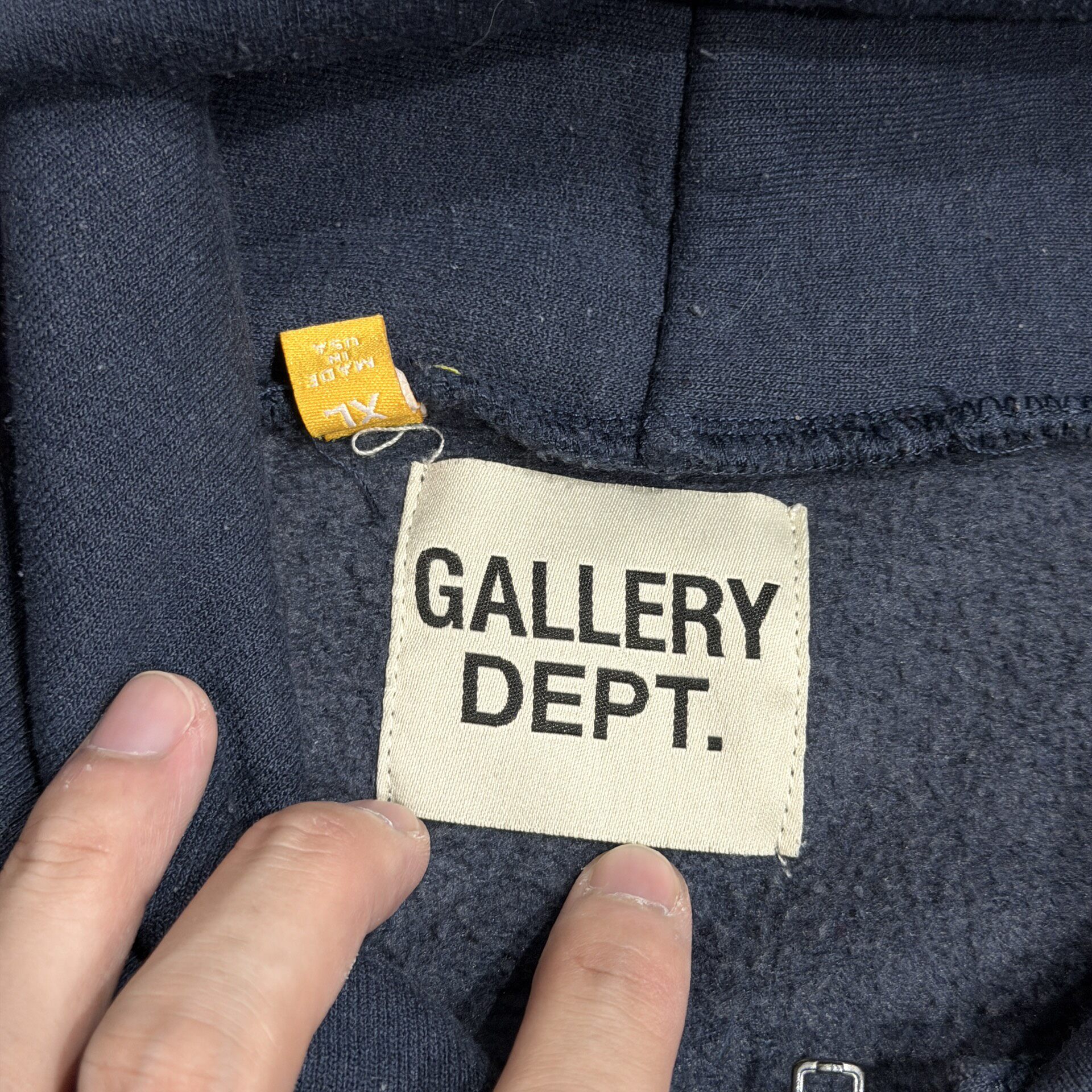 Gallery Dept Navy Distressed Zip-Up Hoodie — label