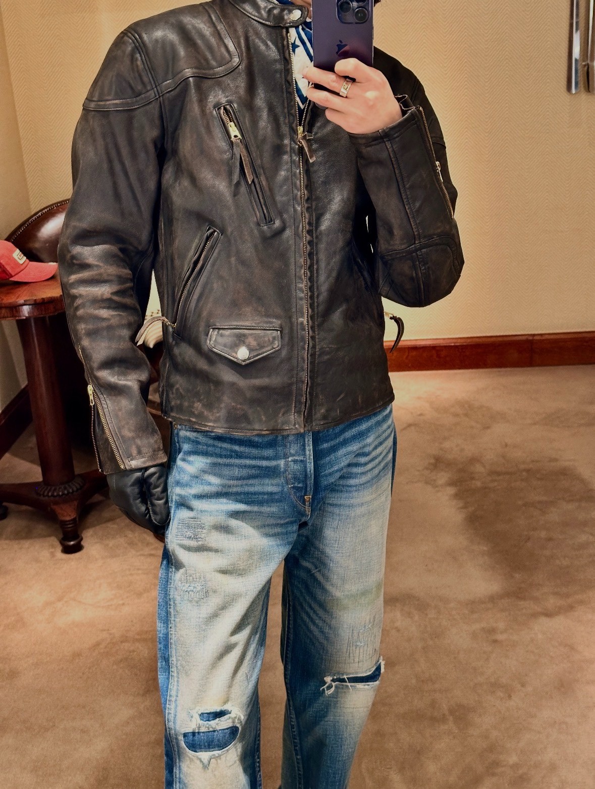 RRL Ralph Lauren Leather Moto Jacket — detail