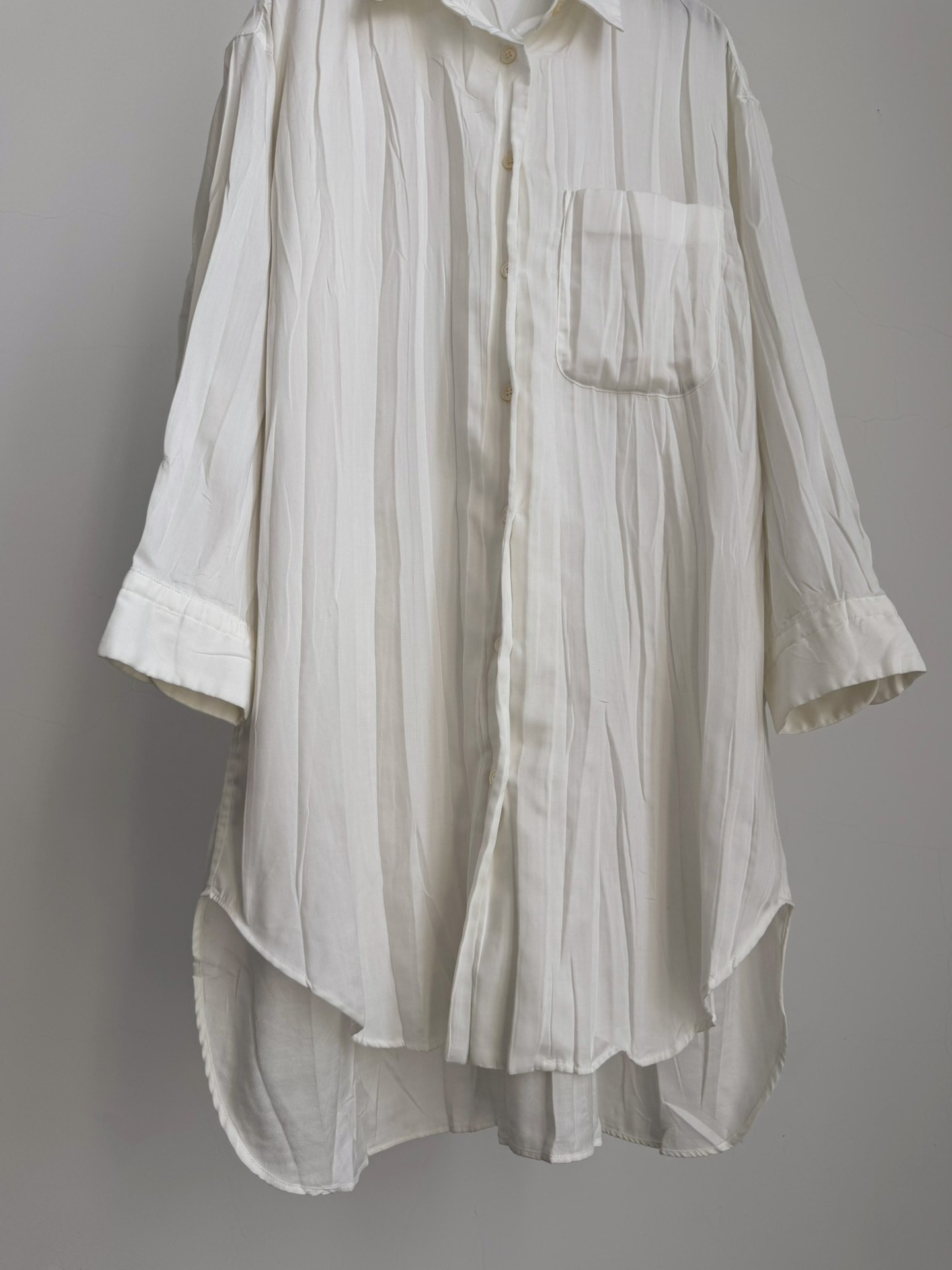 Issey Miyake Pleated Longline Button-Up Shirt — label