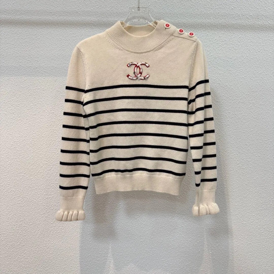Chanel Cream Striped CC Knit Sweater