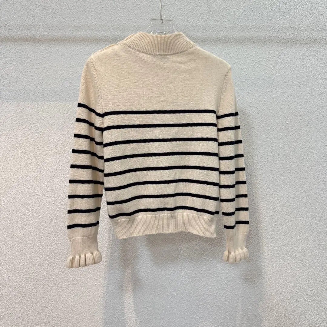 Chanel Cream Striped CC Knit Sweater — front