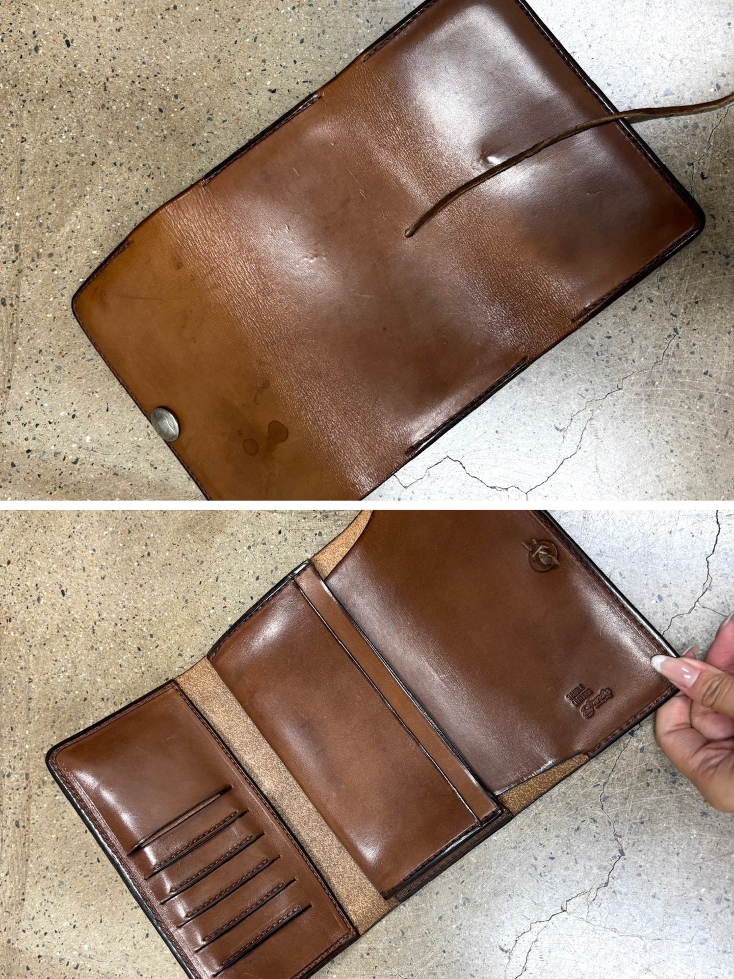 Goros Brown Leather Trifold Wallet — label