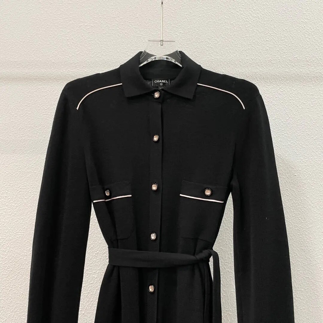 Chanel Black Knit Belted Shirt Dress — front