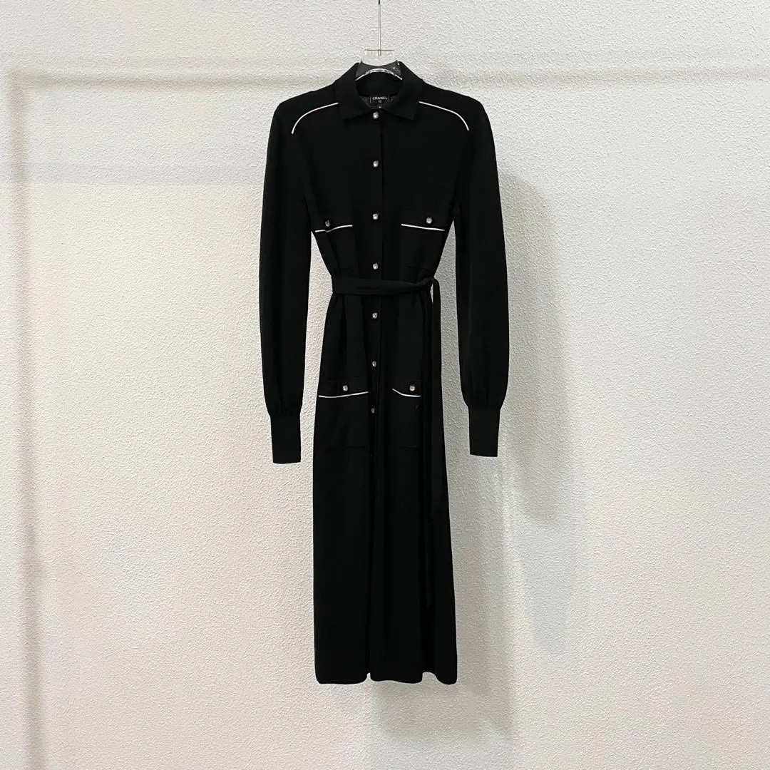 Chanel Black Knit Belted Shirt Dress