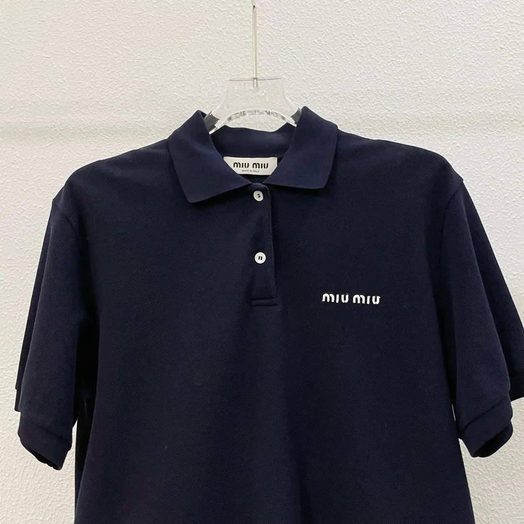 Miu Miu Navy Cotton Piqué Polo Shirt — front