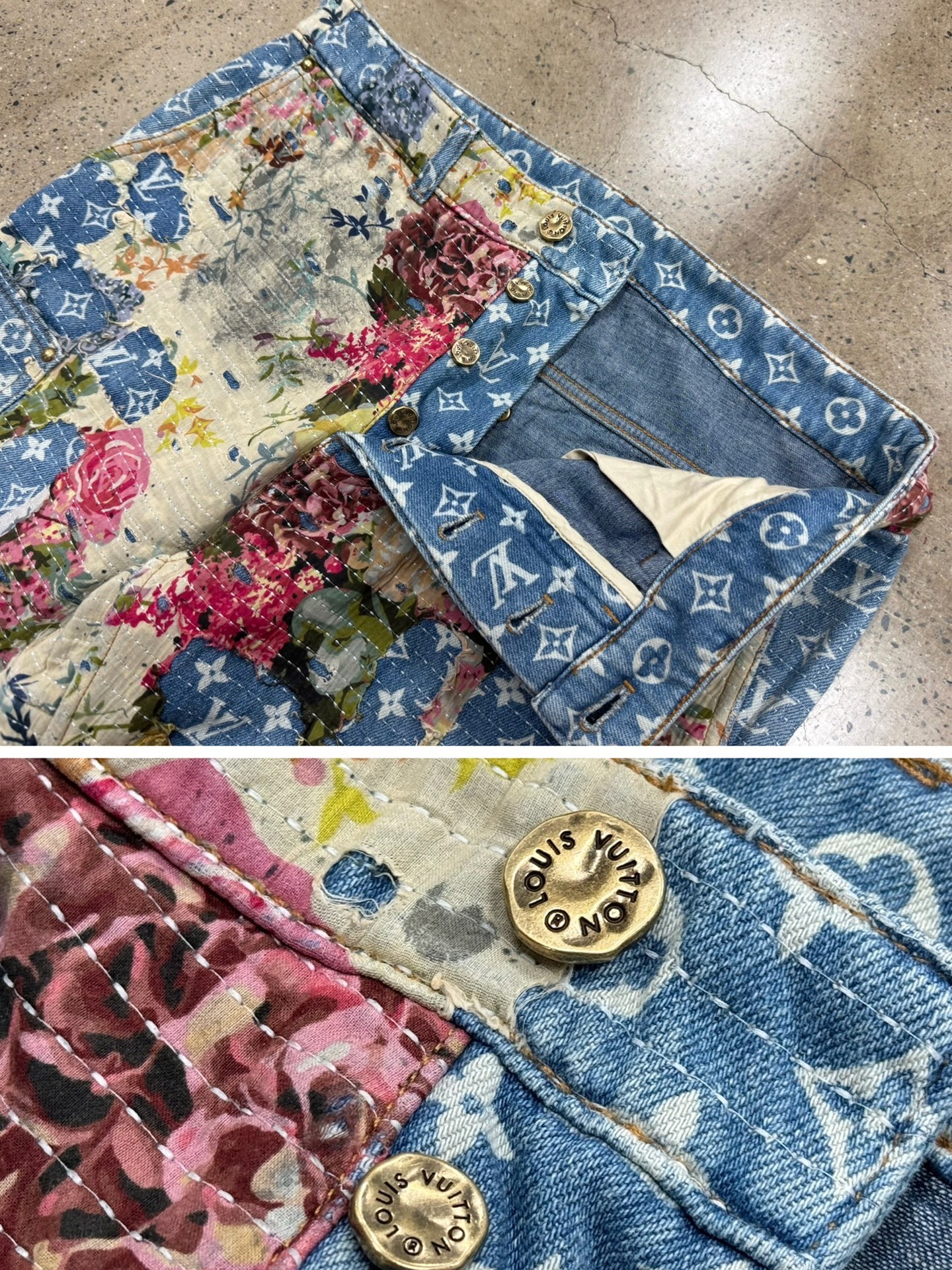 Louis Vuitton Floral Boro Denim Jeans — label