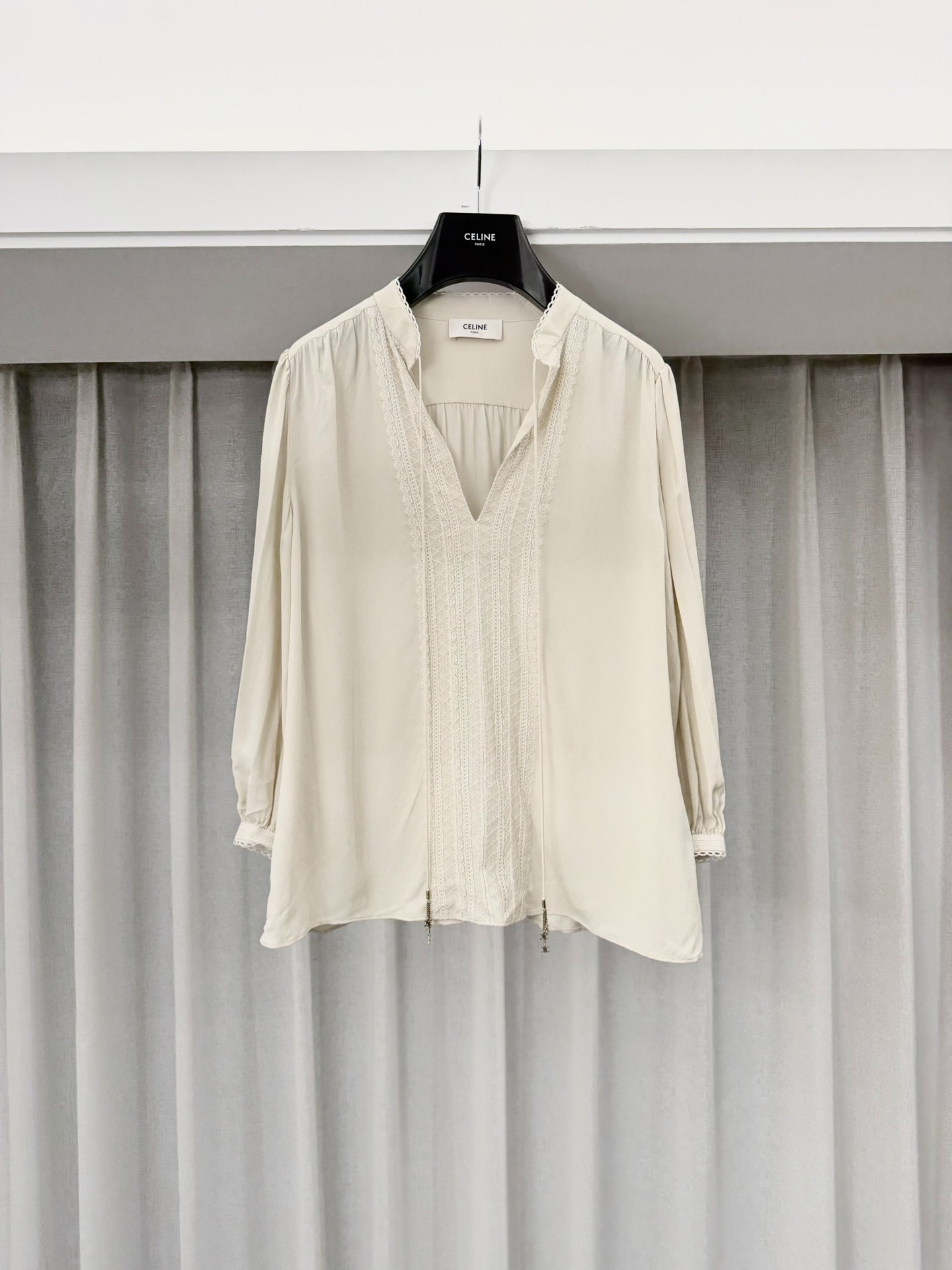 Celine Bohemian Silk V-neck Lace Shirt — front
