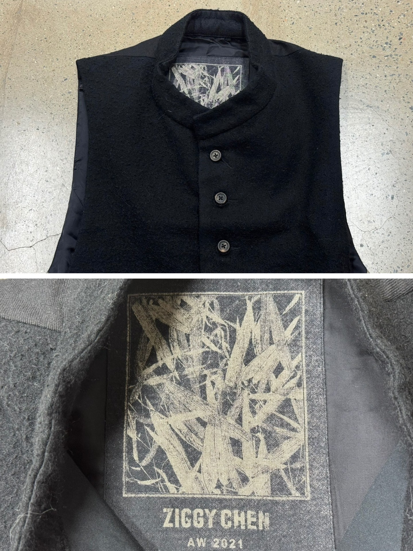Ziggy Chen 21AW Bamboo Print Wool Vest — label