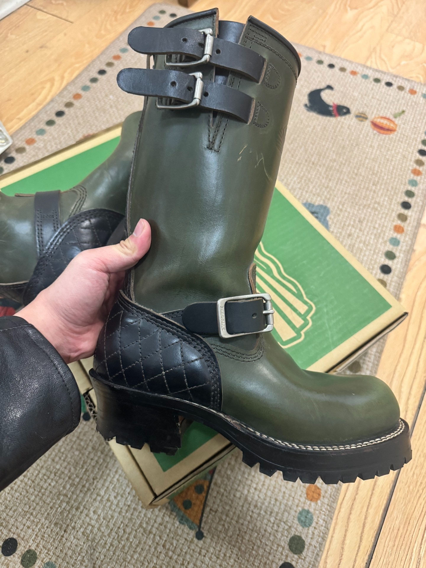 Zerrows Olive Green Engineer Boots — front