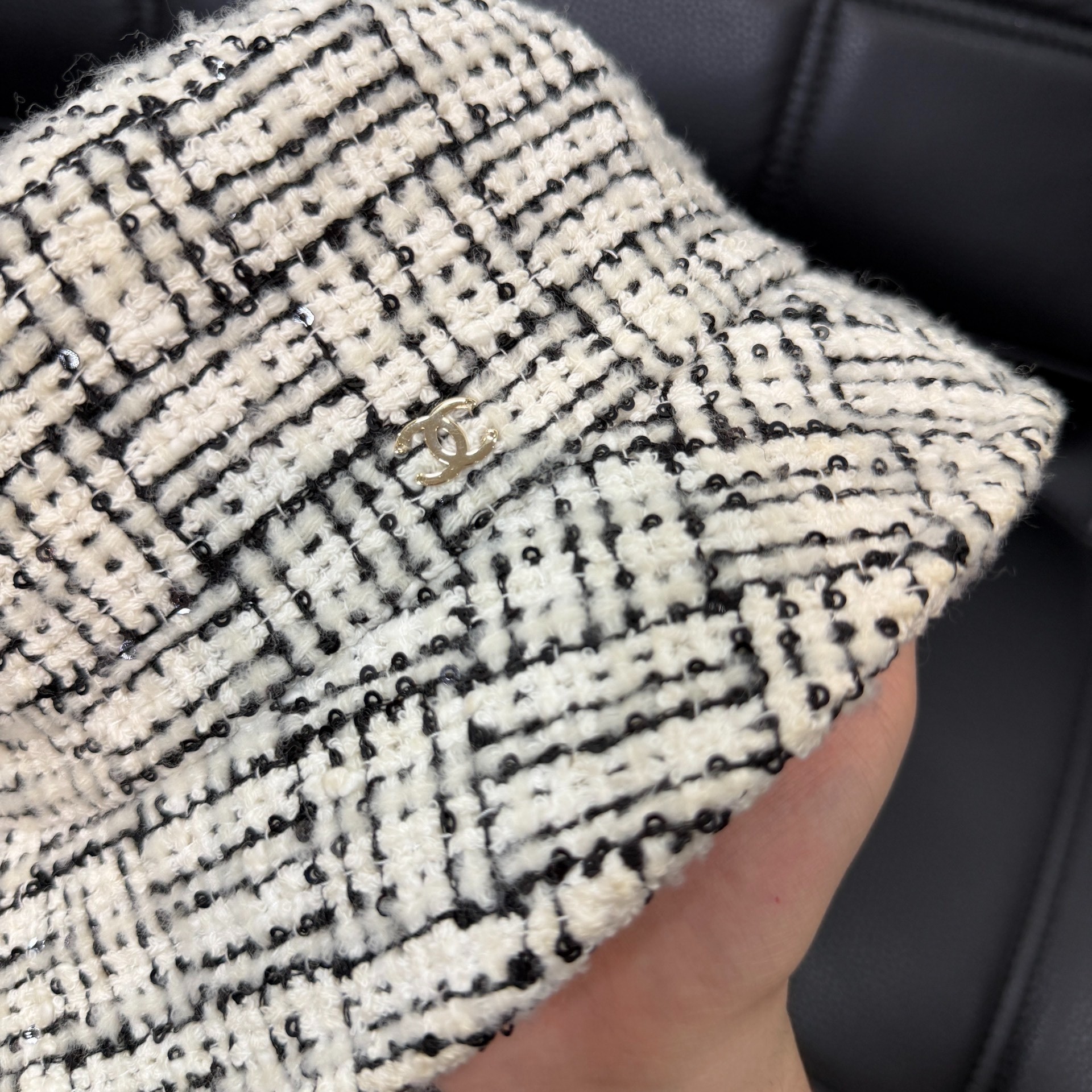 Chanel Black White Sequin Bucket Hat — front