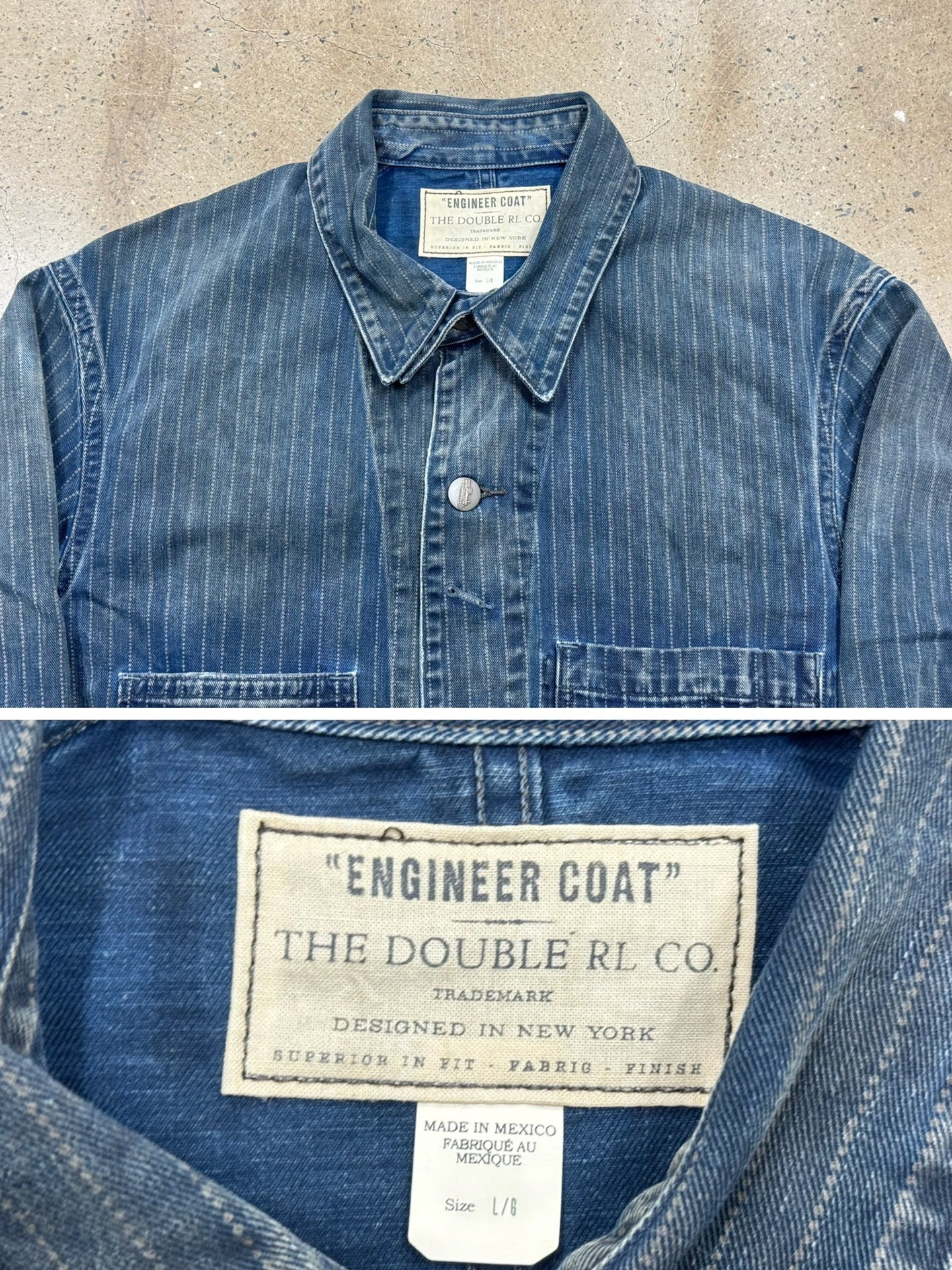 RRL Indigo Pinstriped Chore Jacket — label