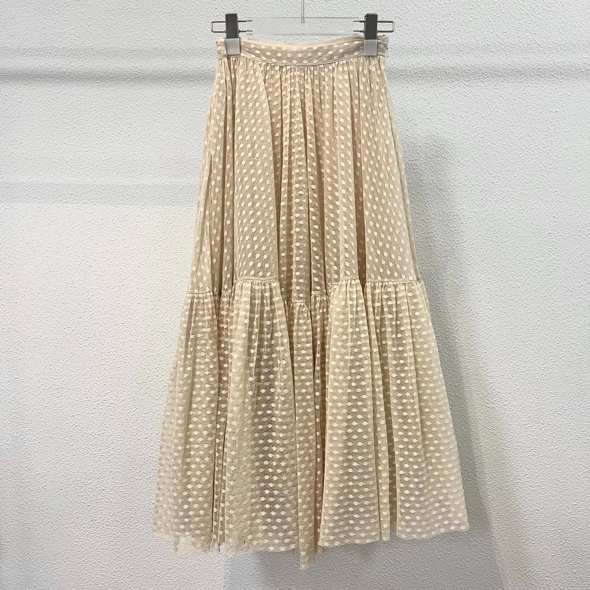 Dior Beige Polka Dot Mesh Tiered Skirt