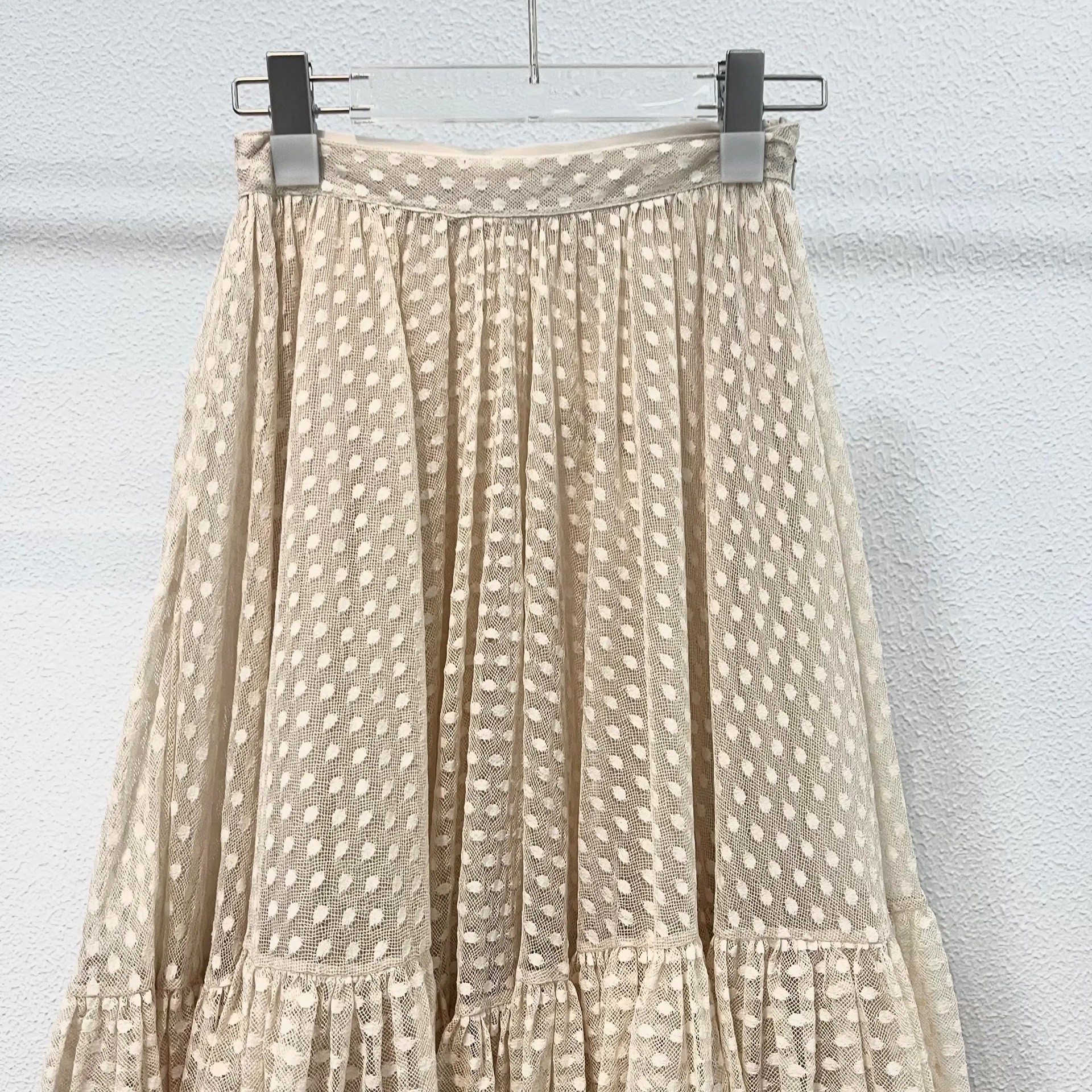 Dior Beige Polka Dot Mesh Tiered Skirt — front