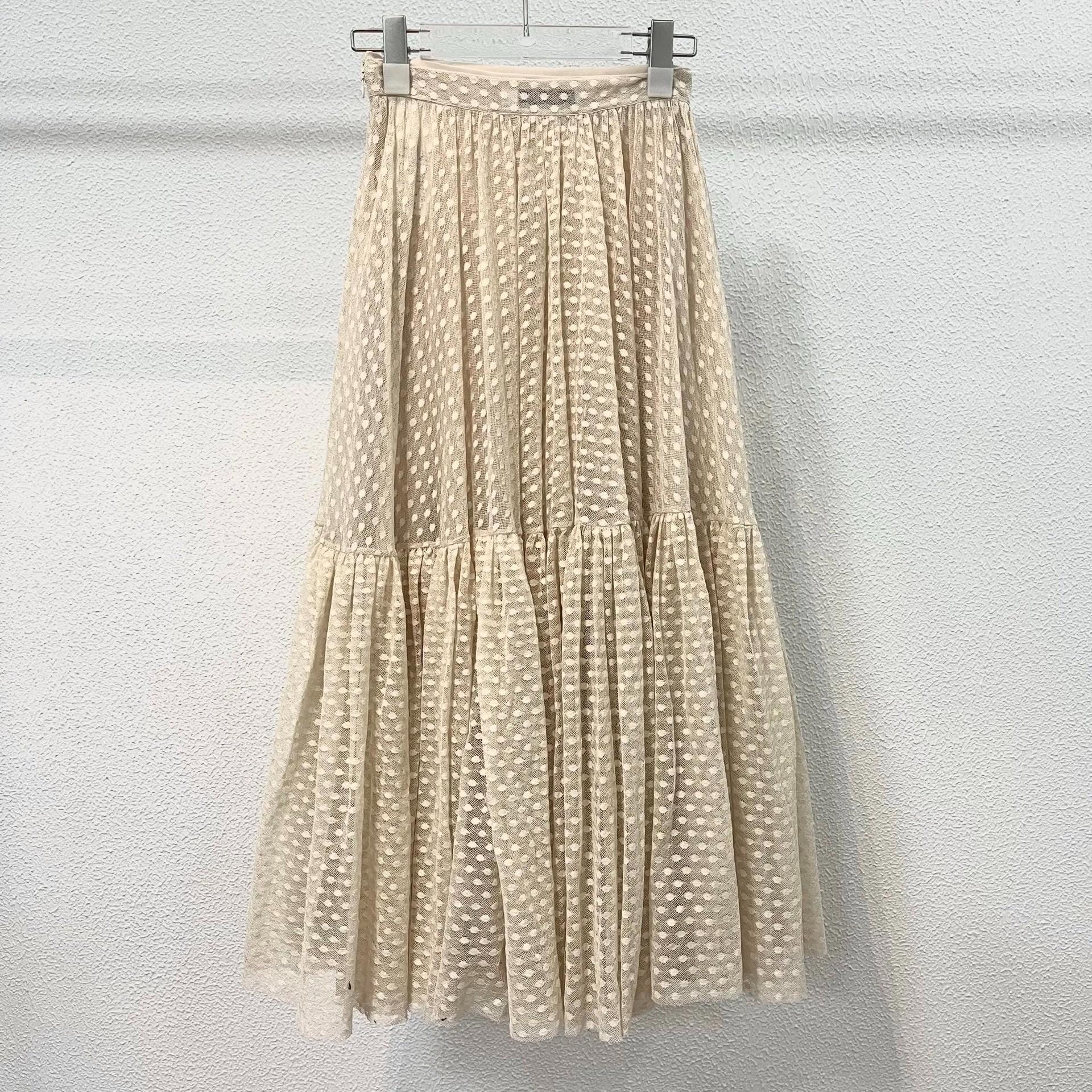 Dior Beige Polka Dot Mesh Tiered Skirt — detail