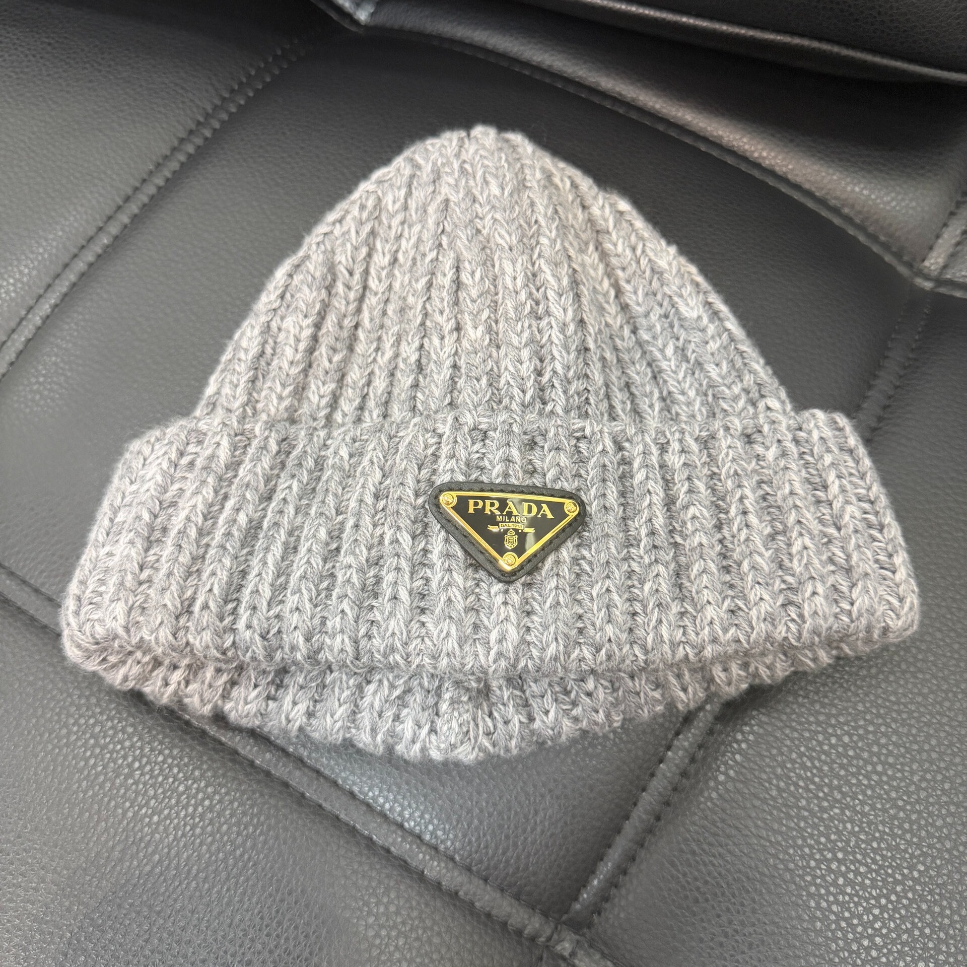 Prada Gray Chunky Knit Logo Beanie