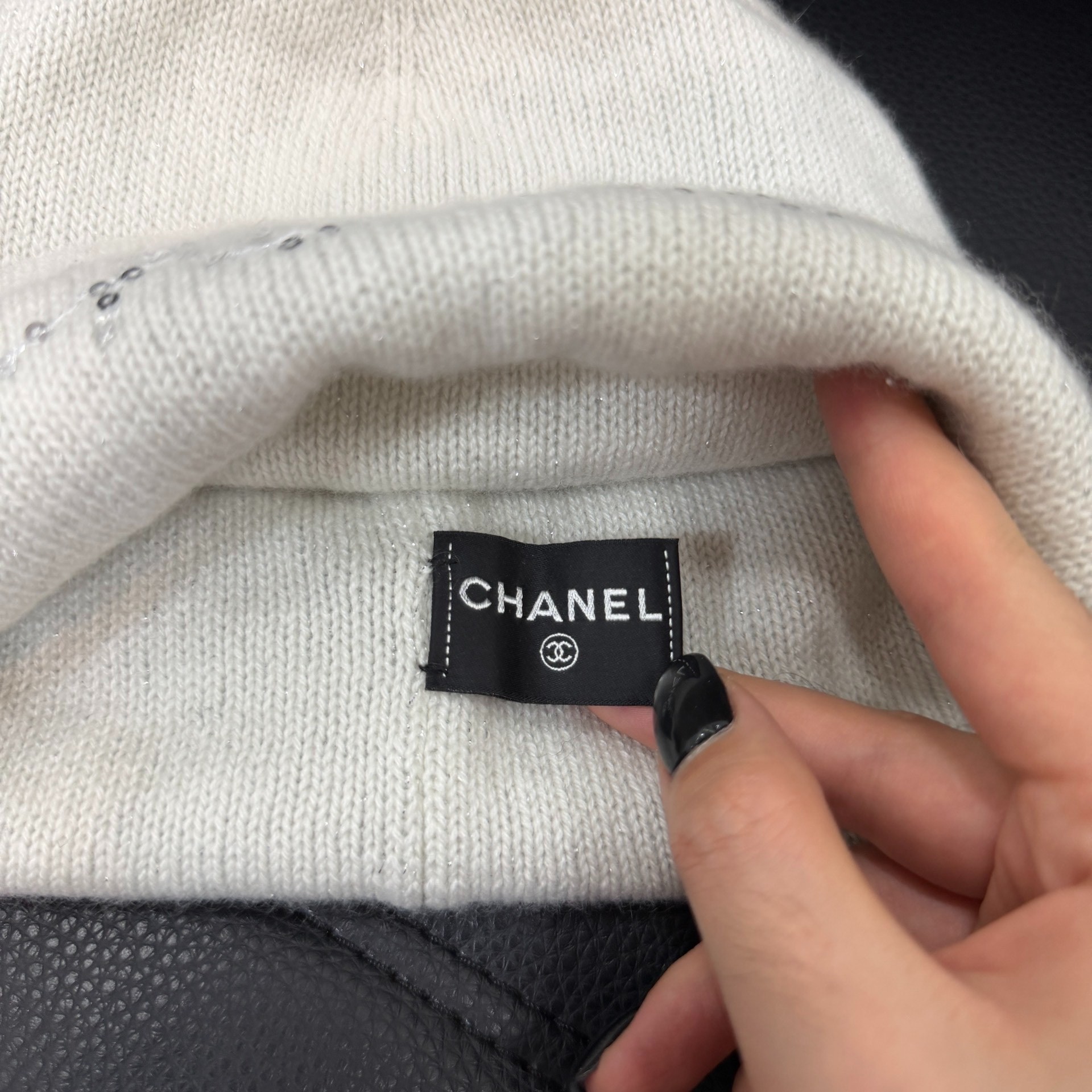 Chanel White Sequin Knit Beanie — detail