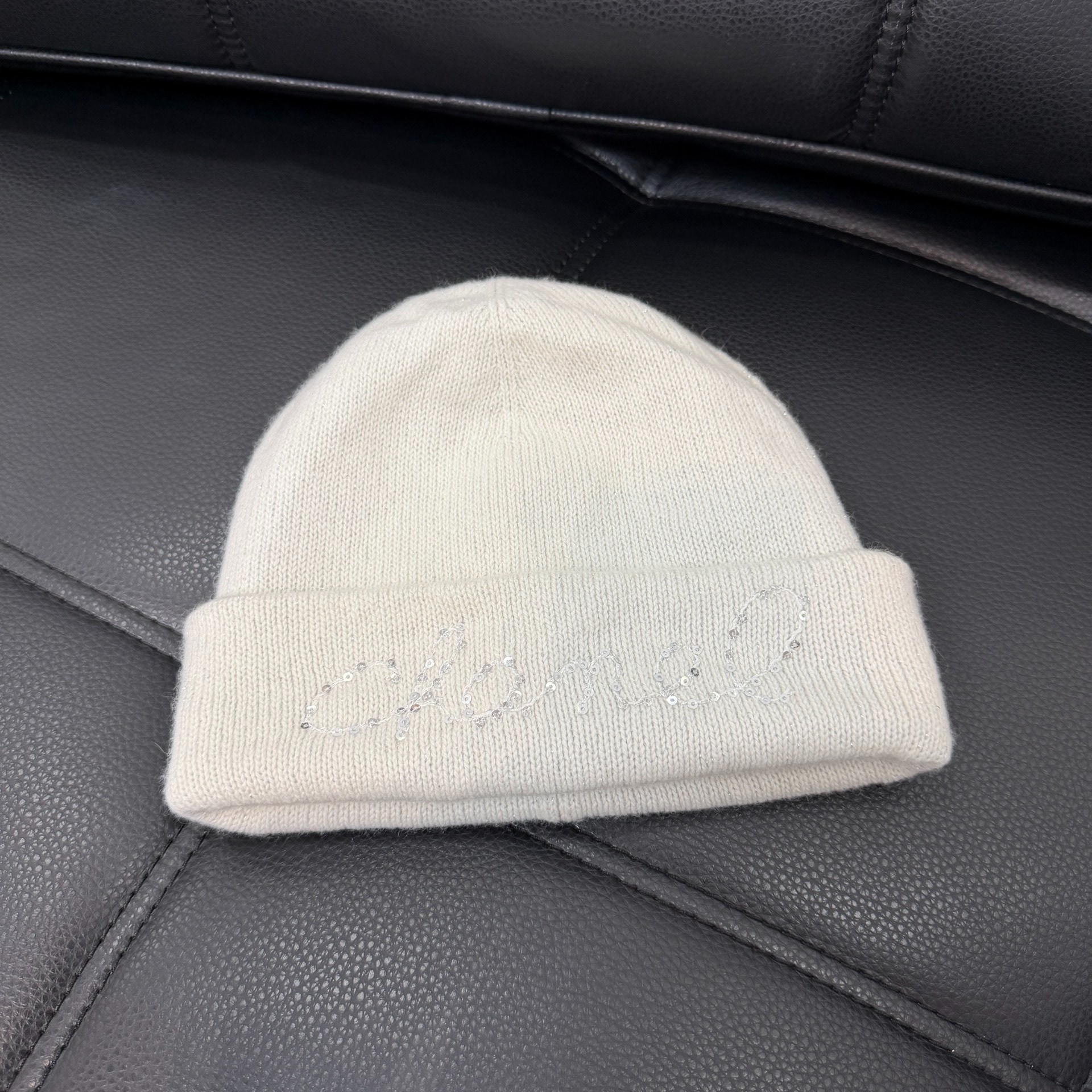 Chanel White Sequin Knit Beanie