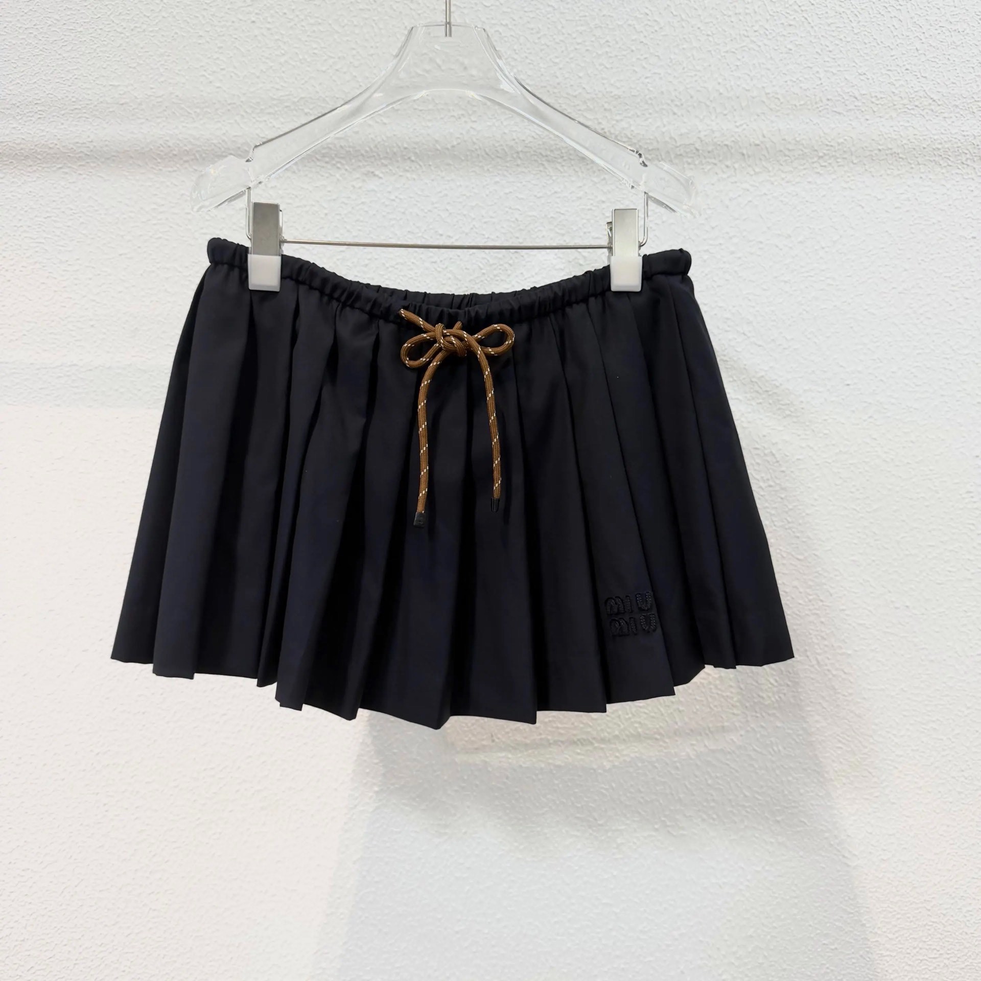 MiuMiu Black Pleated Mini Skirt With Drawstring