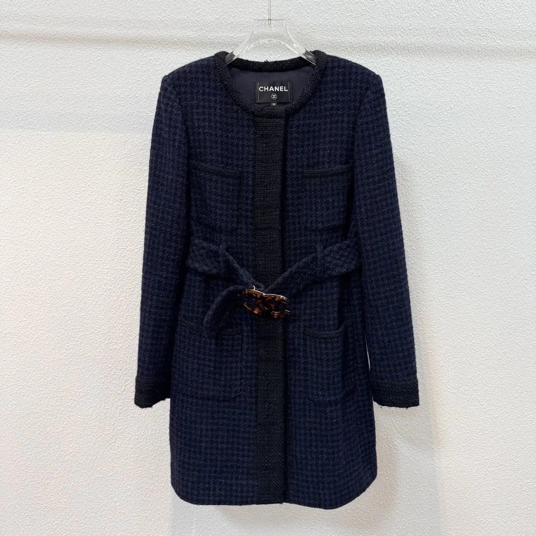Chanel Navy Houndstooth Tweed Coat
