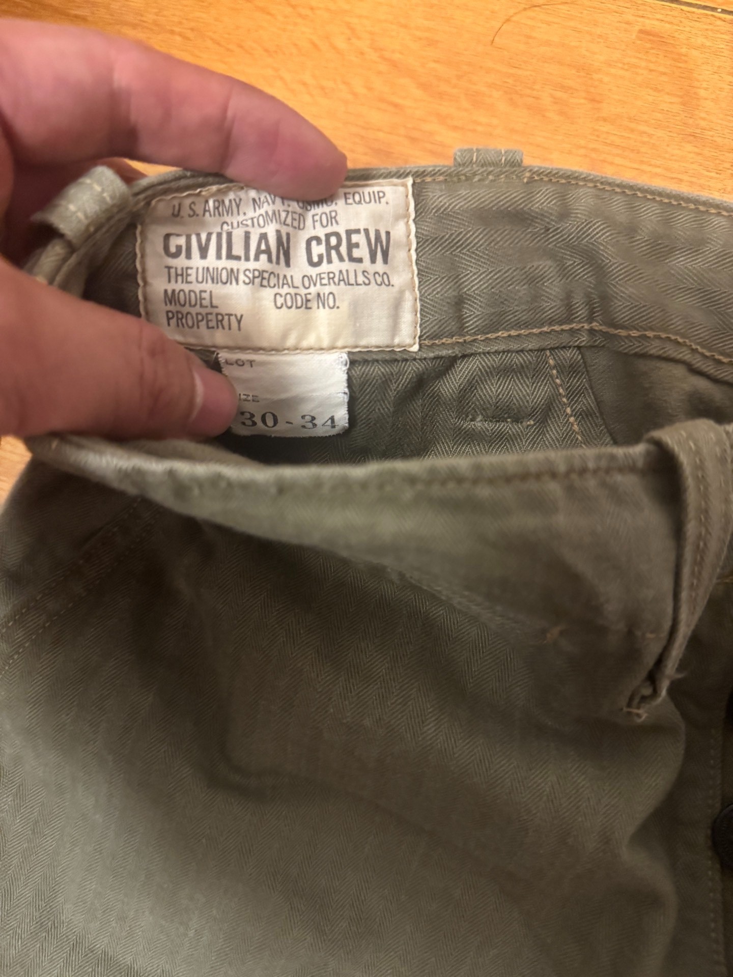 Freewheelers Olive Green Military Pants — detail