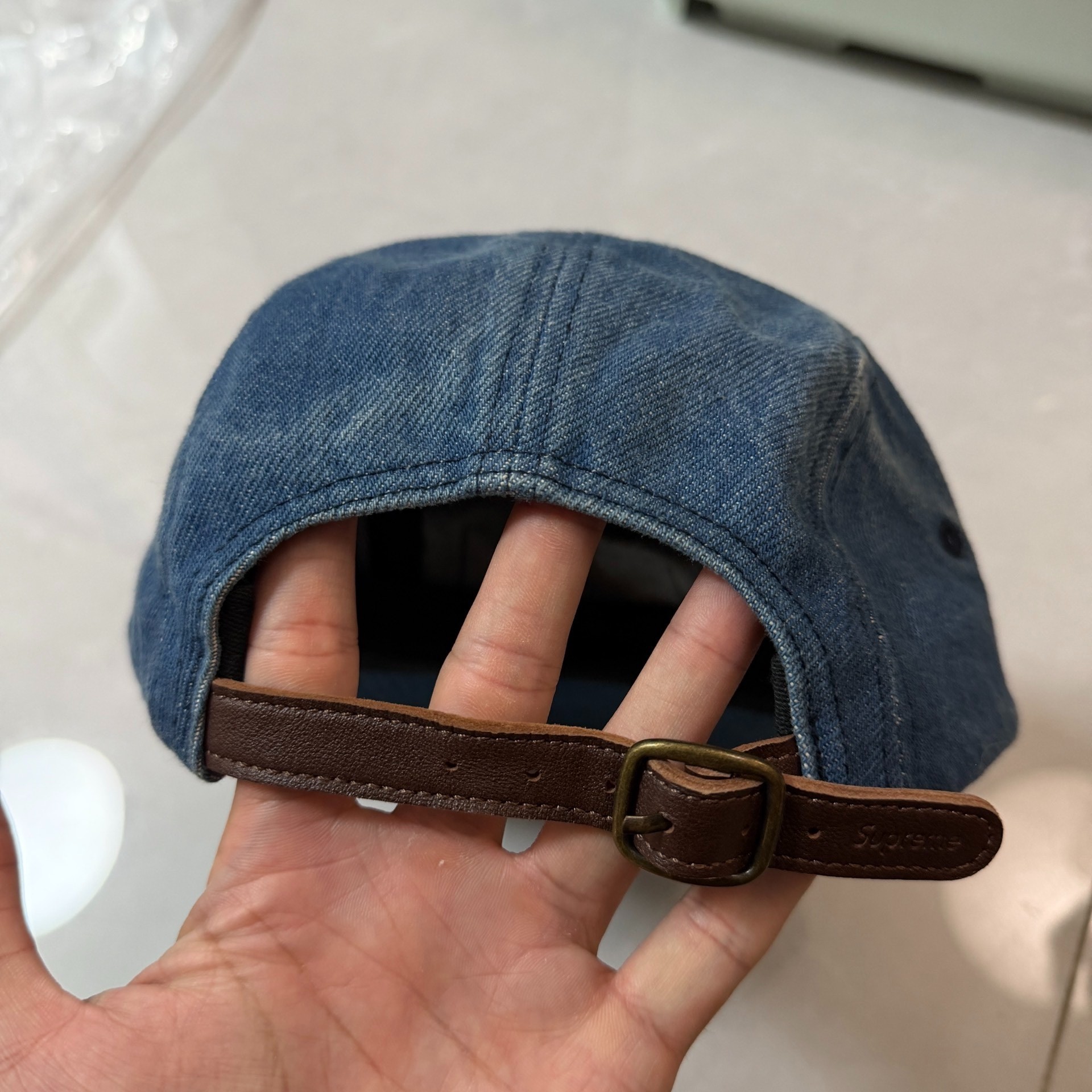 Supreme Blue Denim 5-Panel Camp Cap — detail