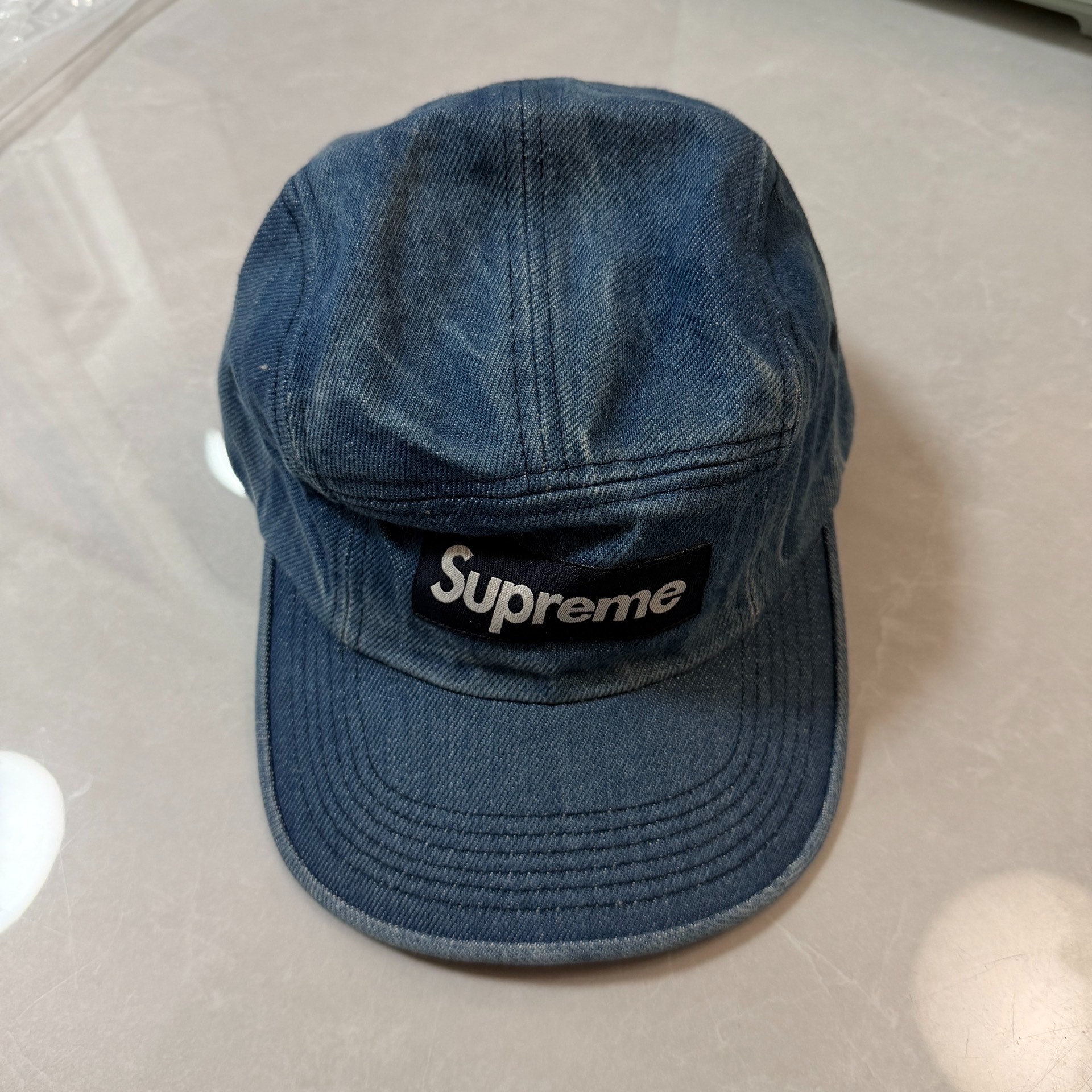 Supreme Blue Denim 5-Panel Camp Cap — front