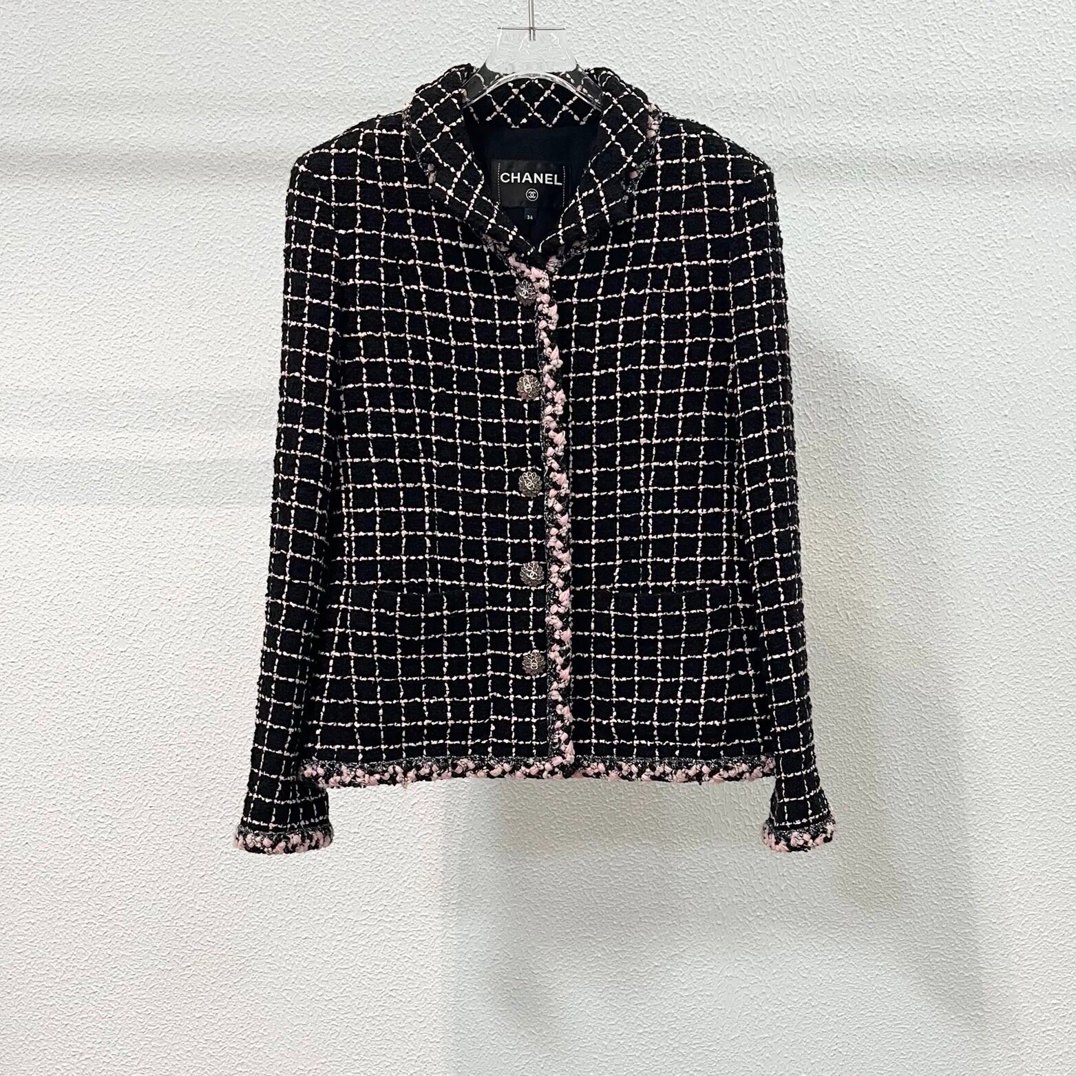 Chanel Black Pink Trim Tweed Jacket