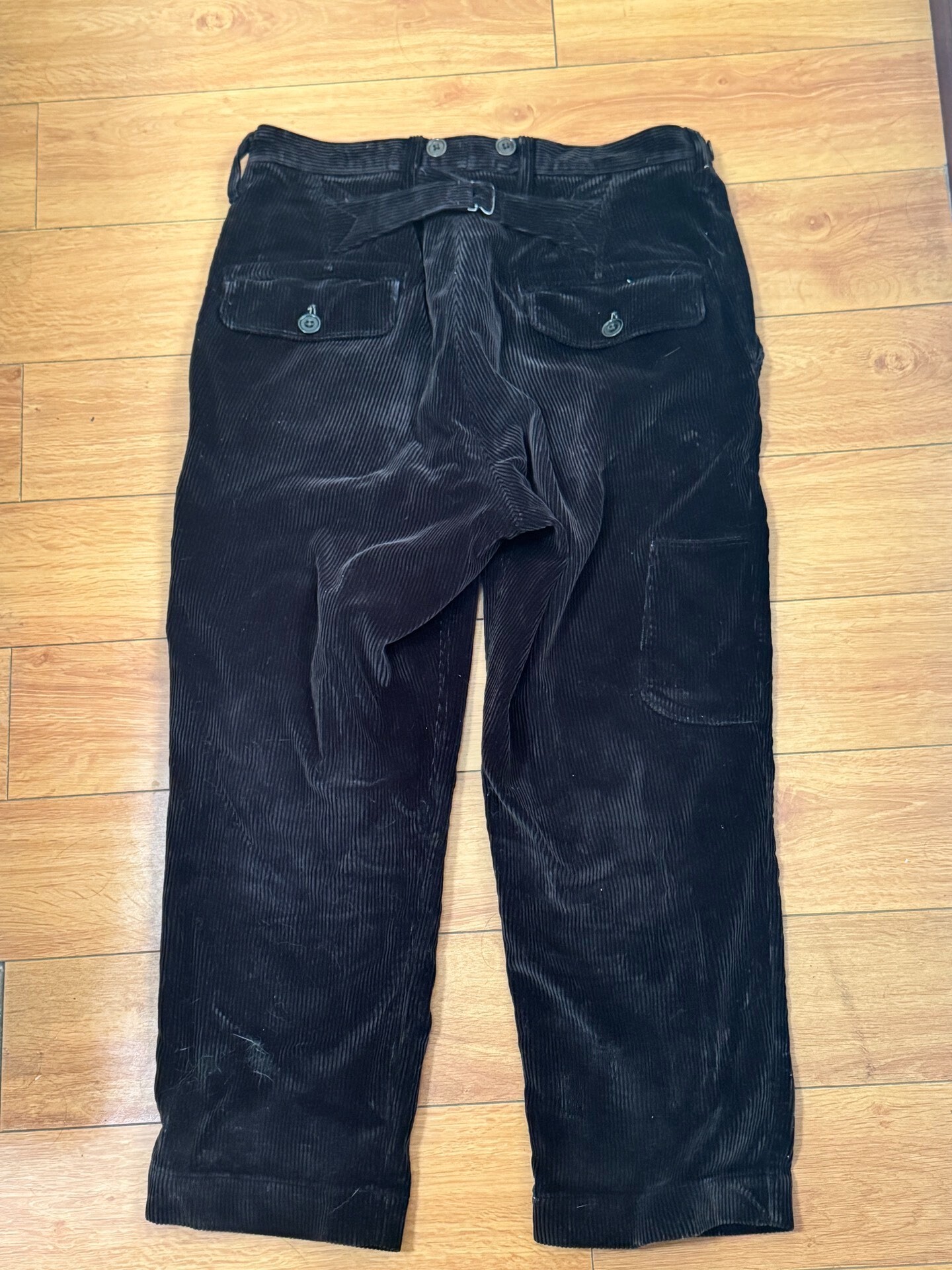 Freewheelers Black Corduroy Suspender Pants — front