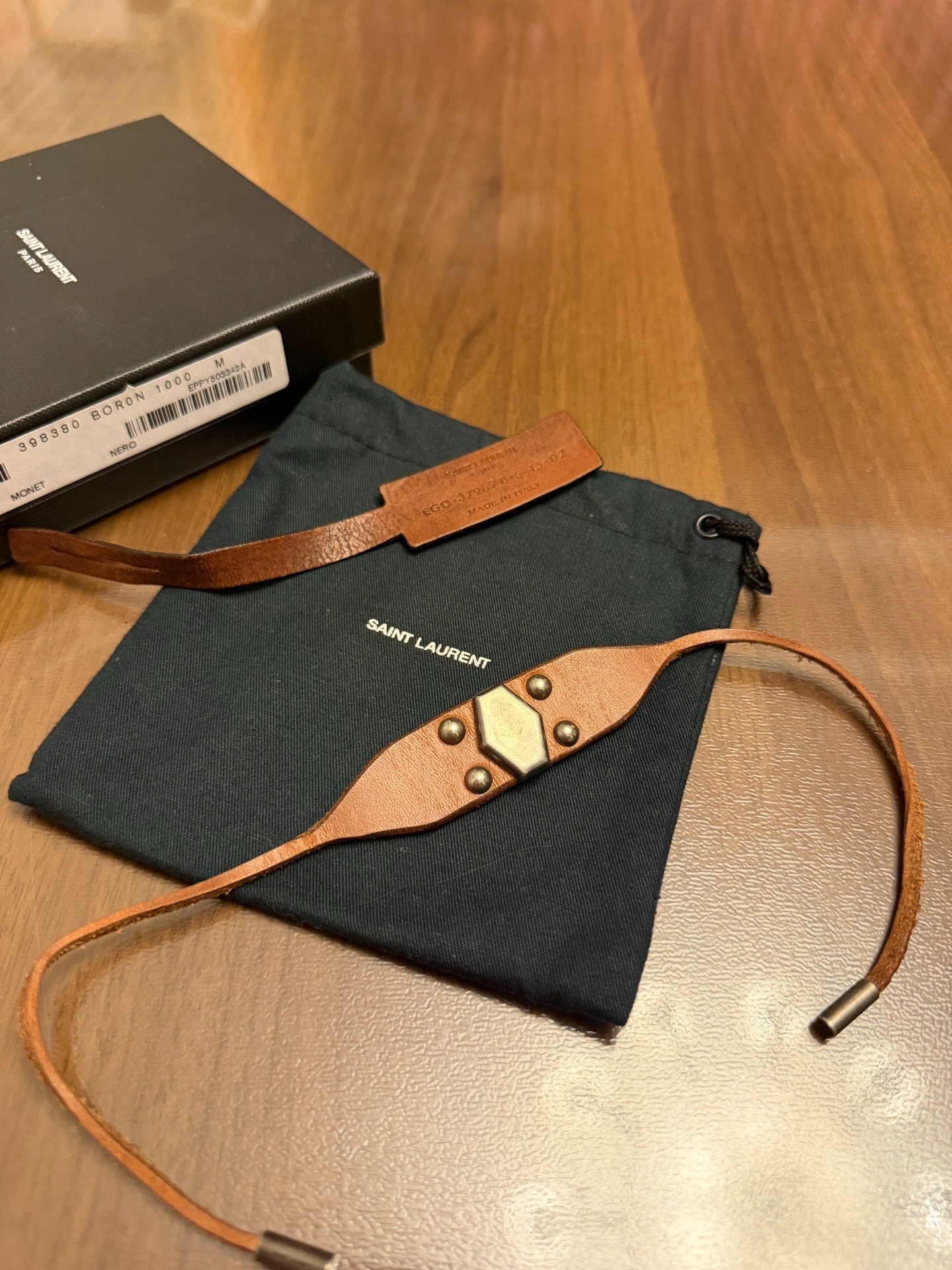 Saint Laurent 15SS Brown Leather Silver Bracelet — front