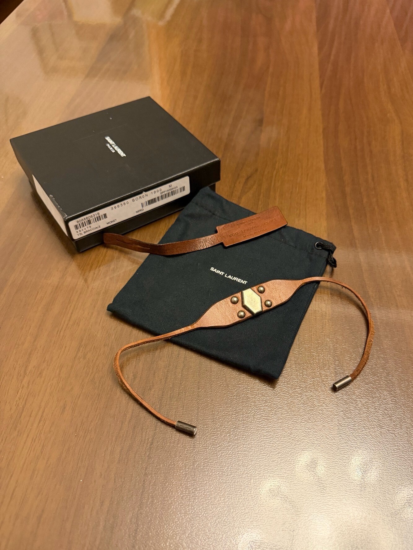 Saint Laurent 15SS Brown Leather Silver Bracelet