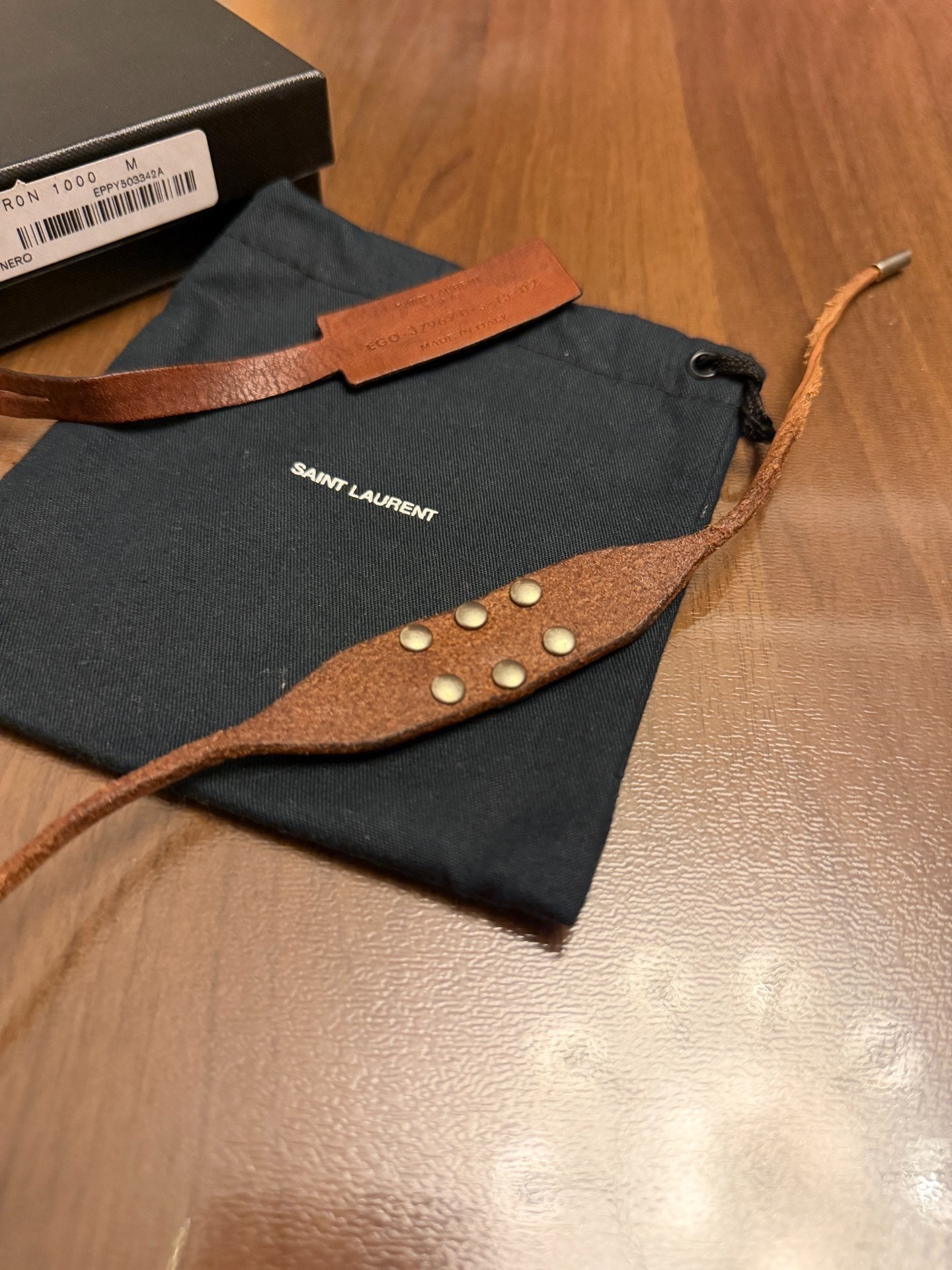 Saint Laurent 15SS Brown Leather Silver Bracelet — detail