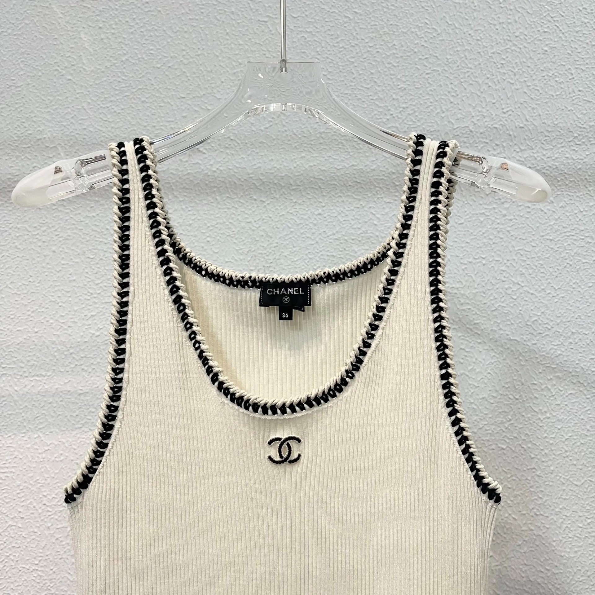 Chanel Cream Striped Knit Sleeveless Mini Dress — front