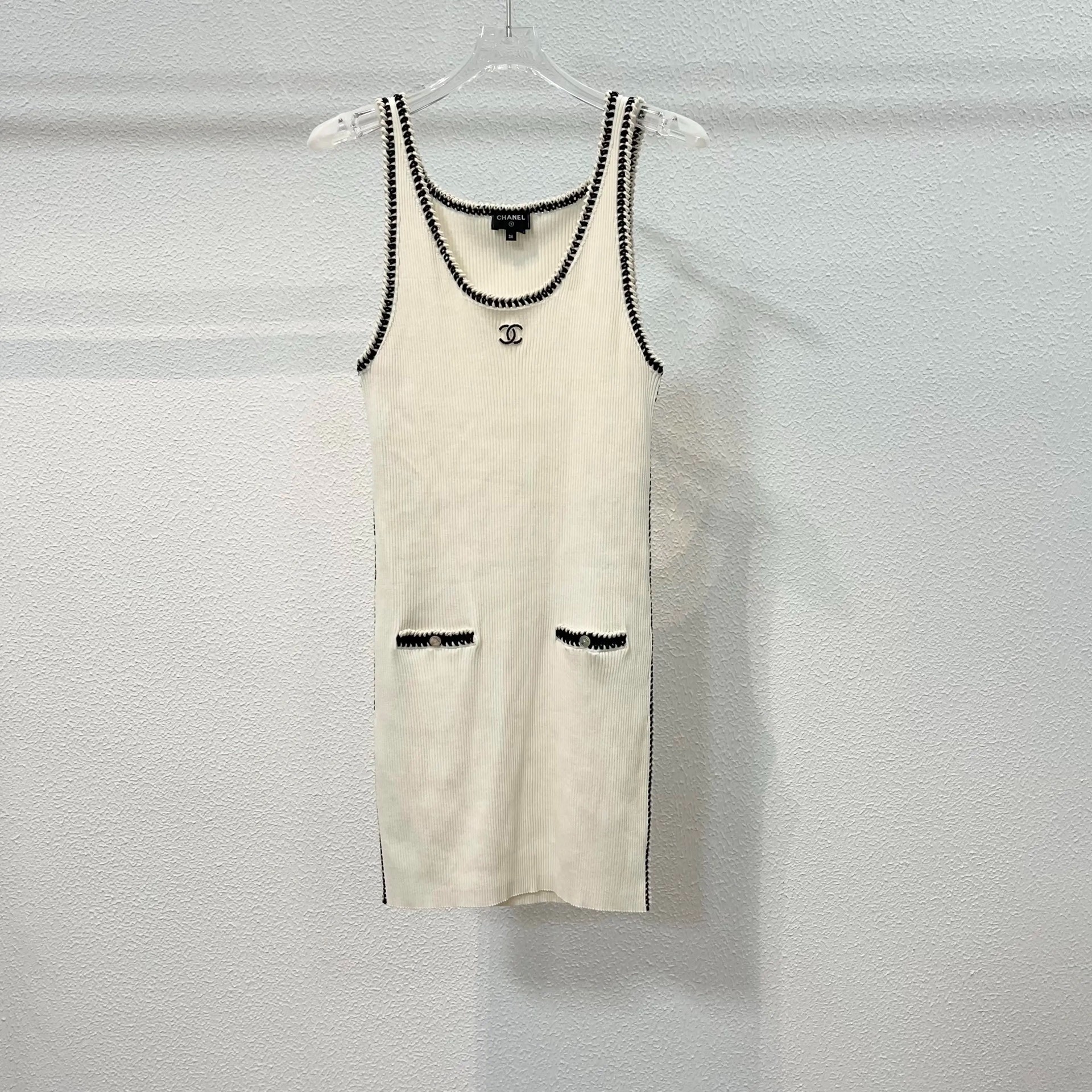 Chanel Cream Striped Knit Sleeveless Mini Dress