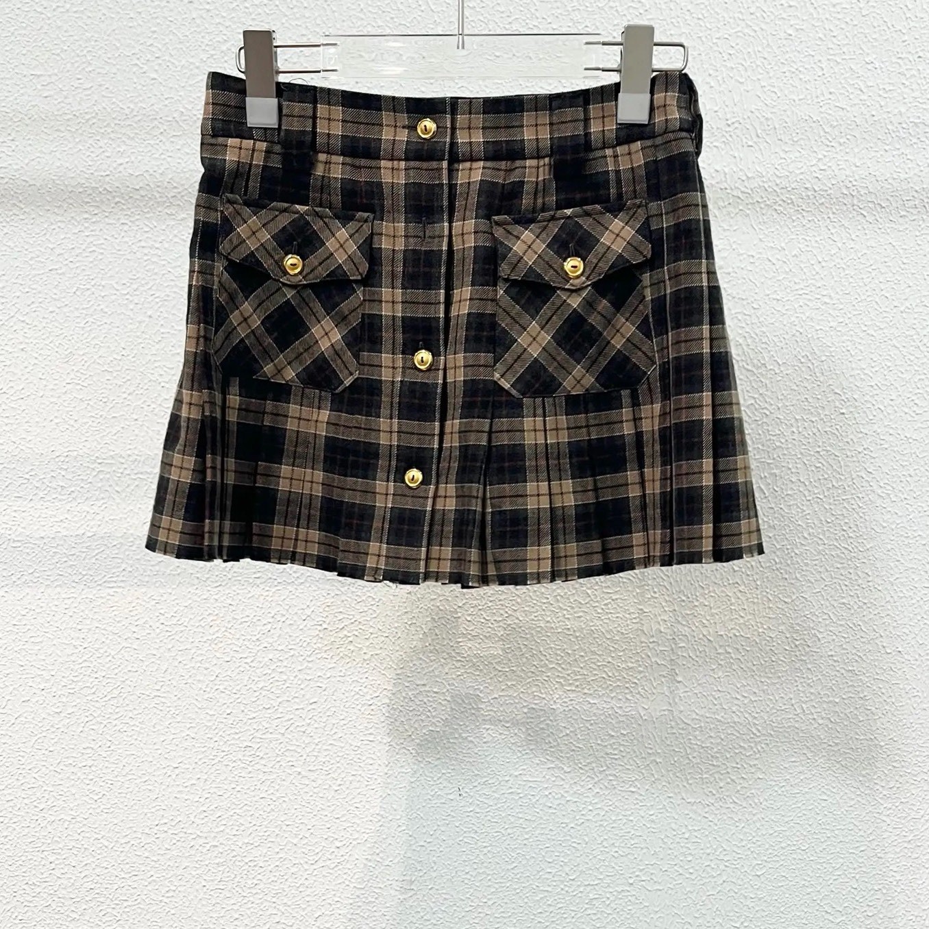 MiuMiu Brown-Black Plaid Pleated Skirt