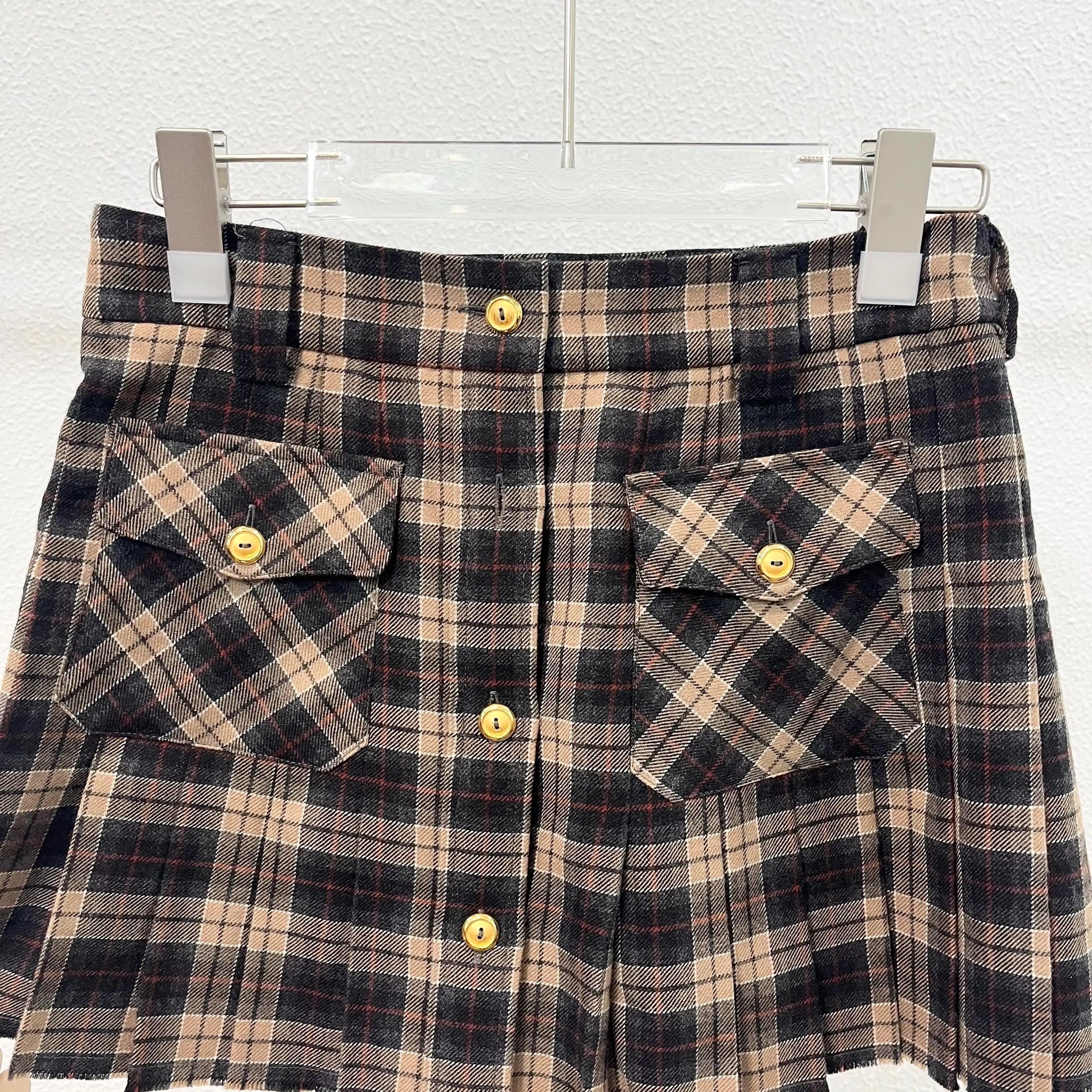 MiuMiu Brown-Black Plaid Pleated Skirt — front