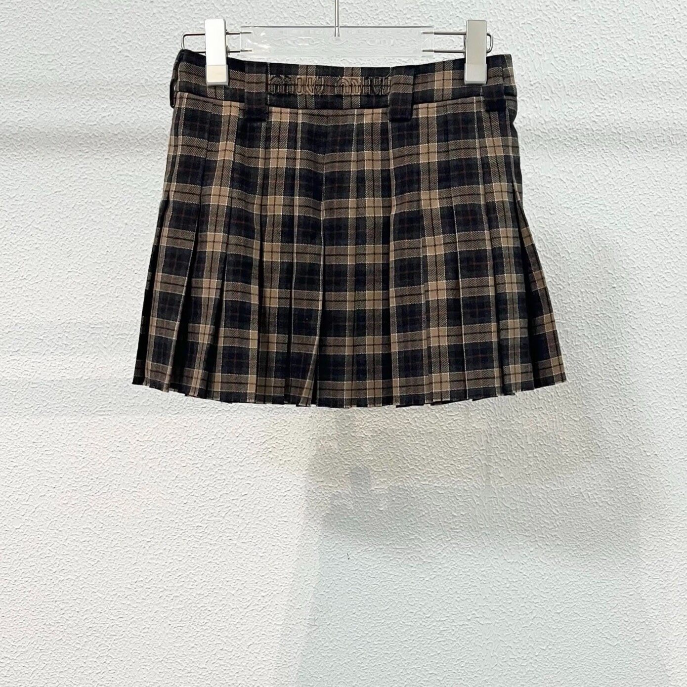 MiuMiu Brown-Black Plaid Pleated Skirt — detail
