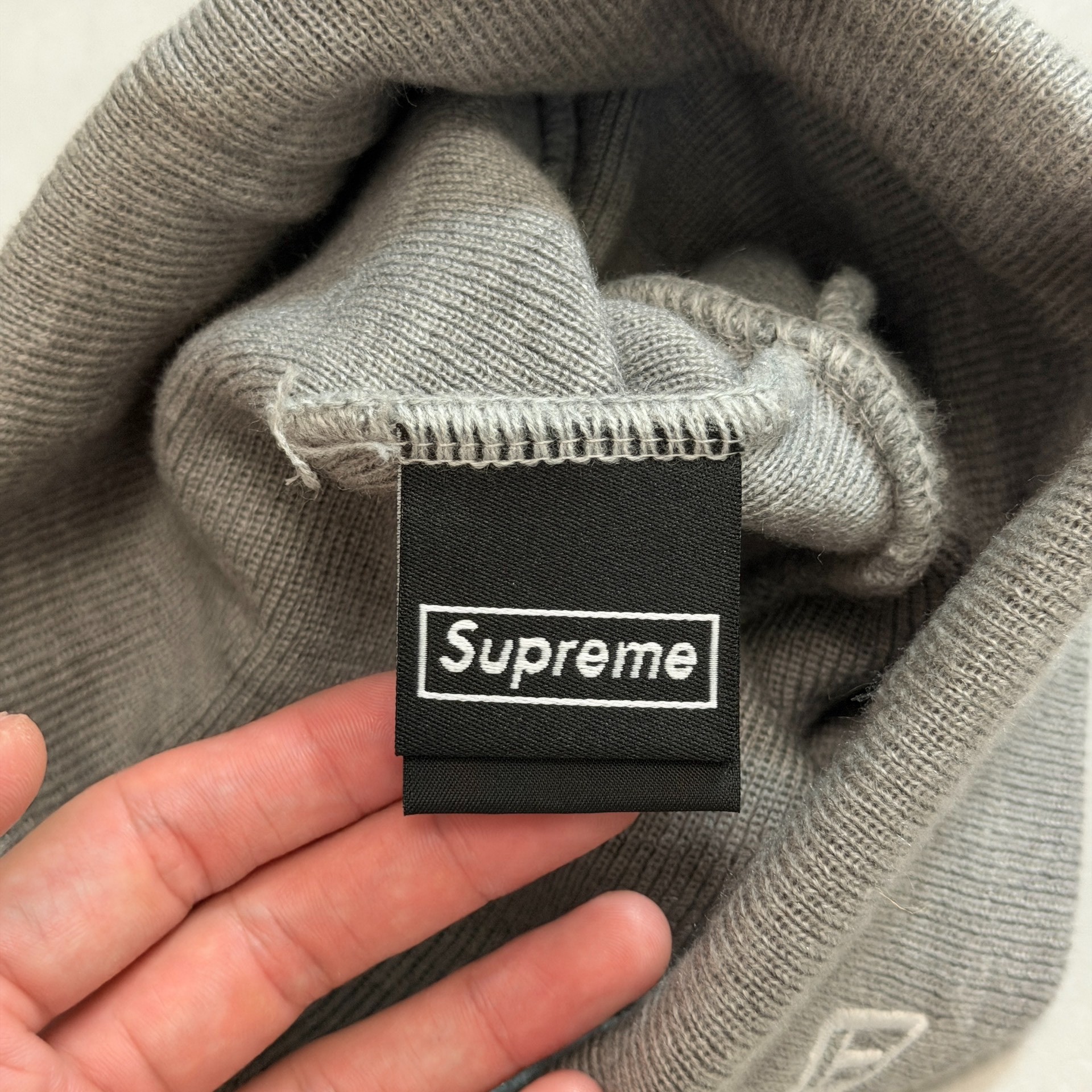 Supreme x New Era Gray Knit Beanie — detail