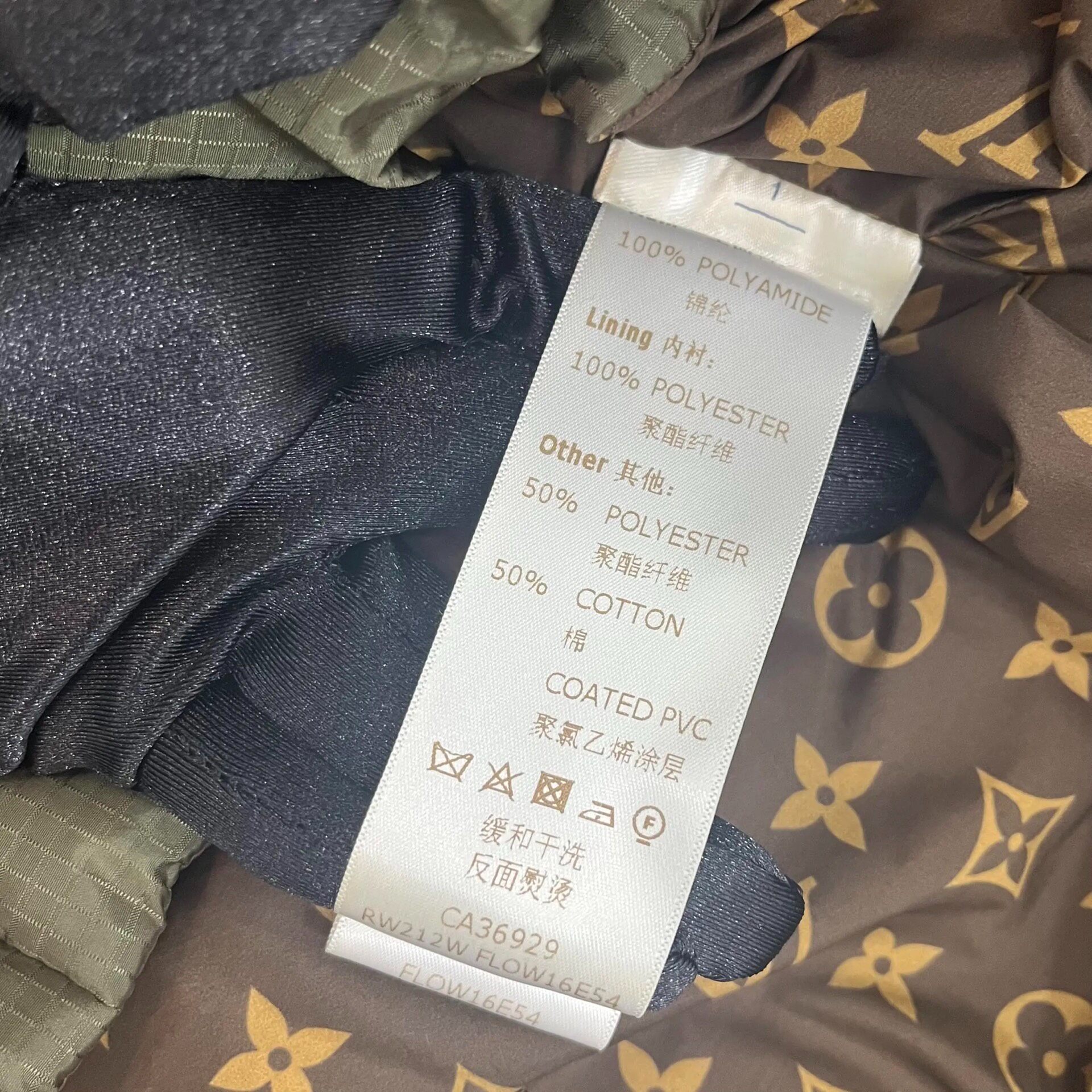 LV Green Hooded Monogram Down Jacket — label