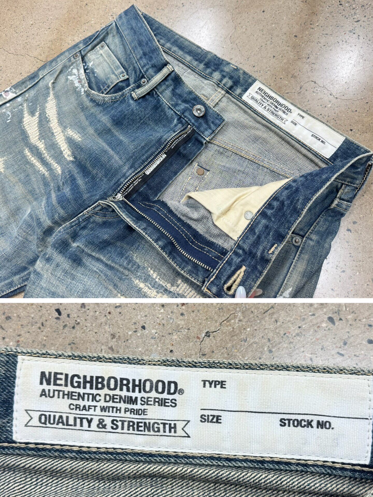 Neighborhood 16SS Distressed Jeans — label