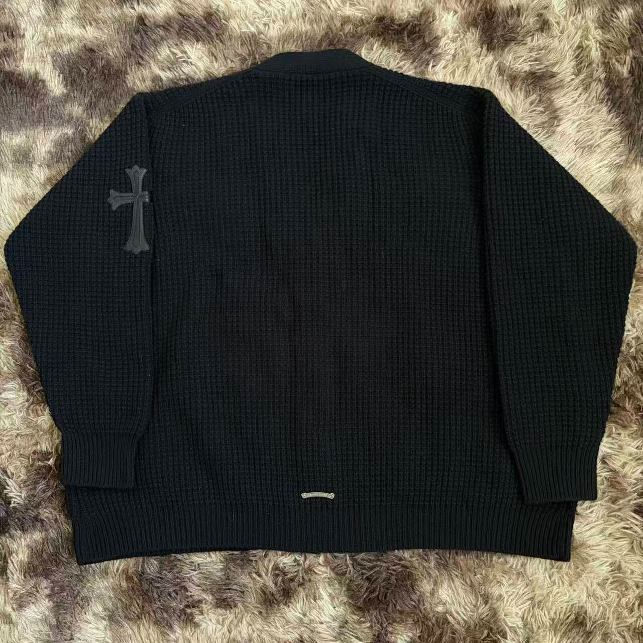 Chrome Hearts Black Waffle Knit Cardigan — front