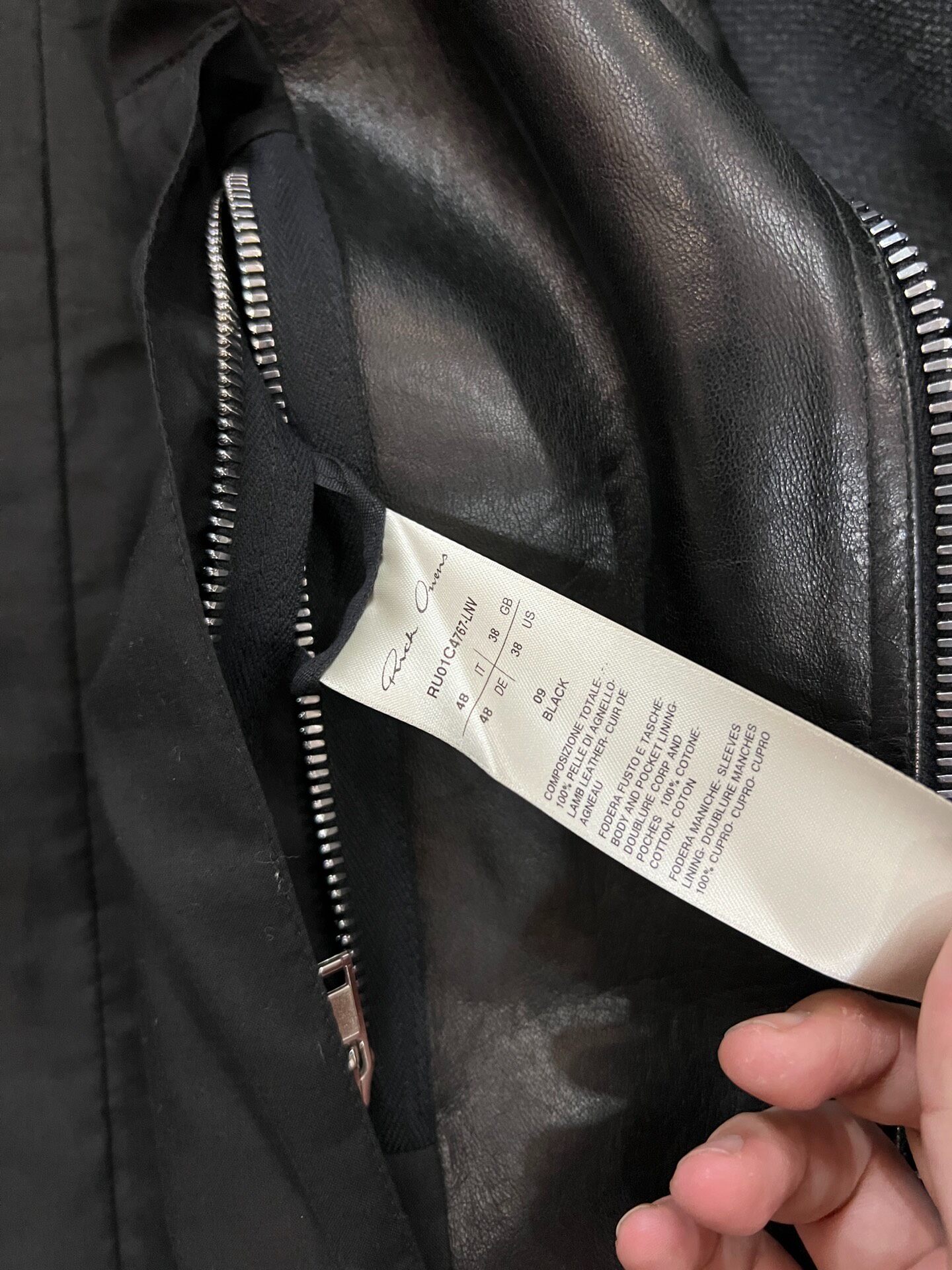 Rick Owens 23SS Pearl Lambskin Moto Jacket — label