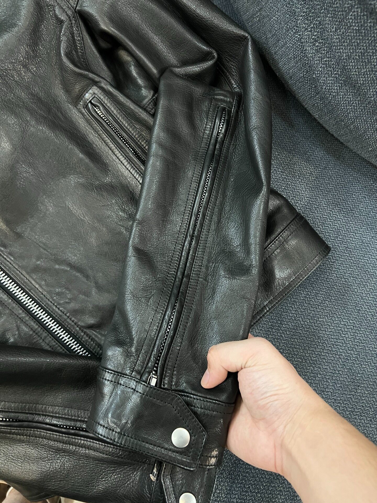 Rick Owens 23SS Pearl Lambskin Moto Jacket — detail