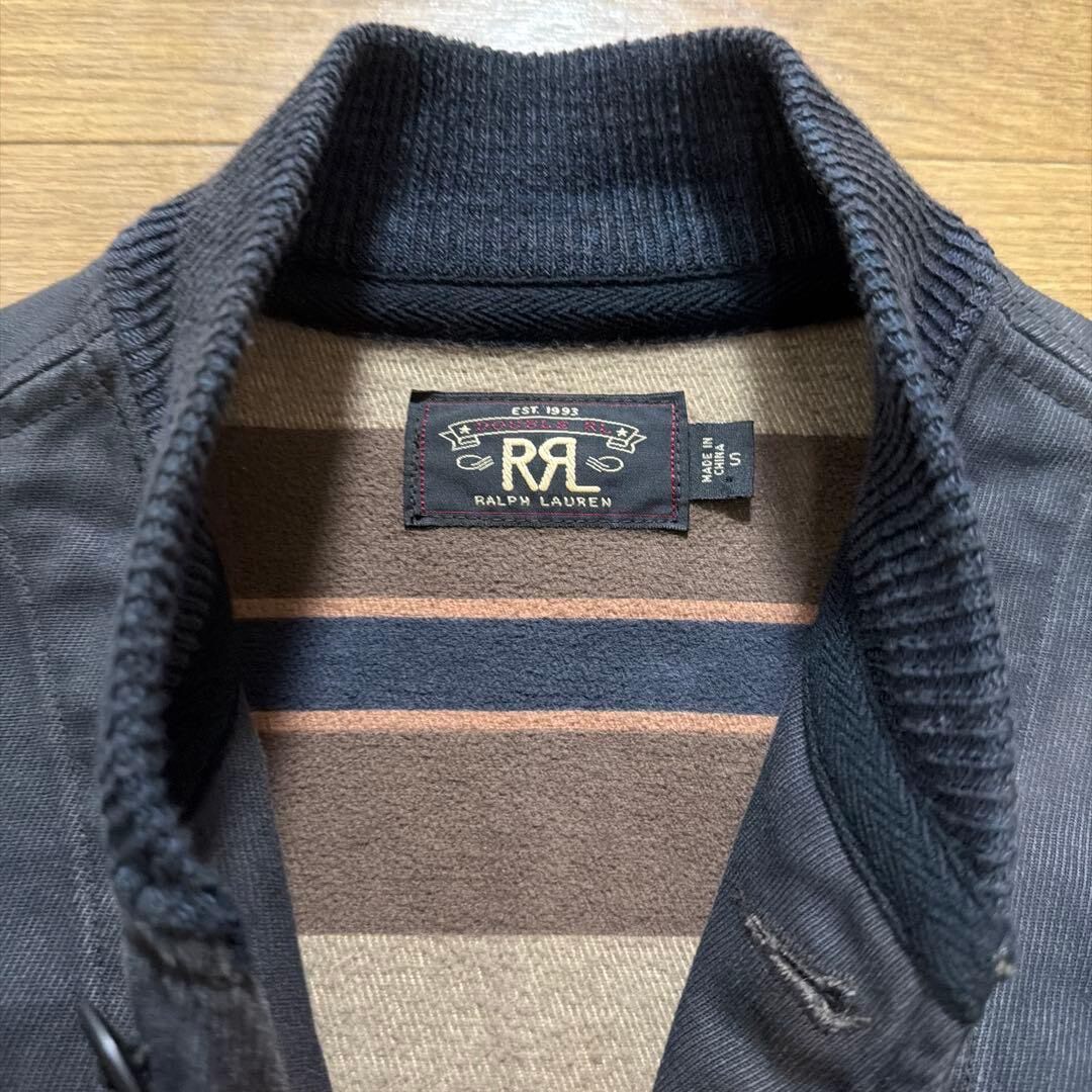 RRL Navy Leather Sleeve Varsity Jacket — detail