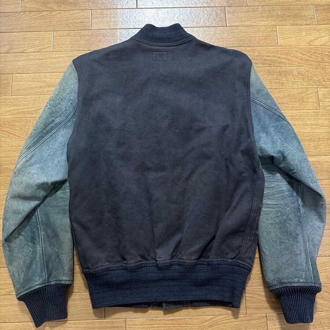 RRL Navy Leather Sleeve Varsity Jacket — front
