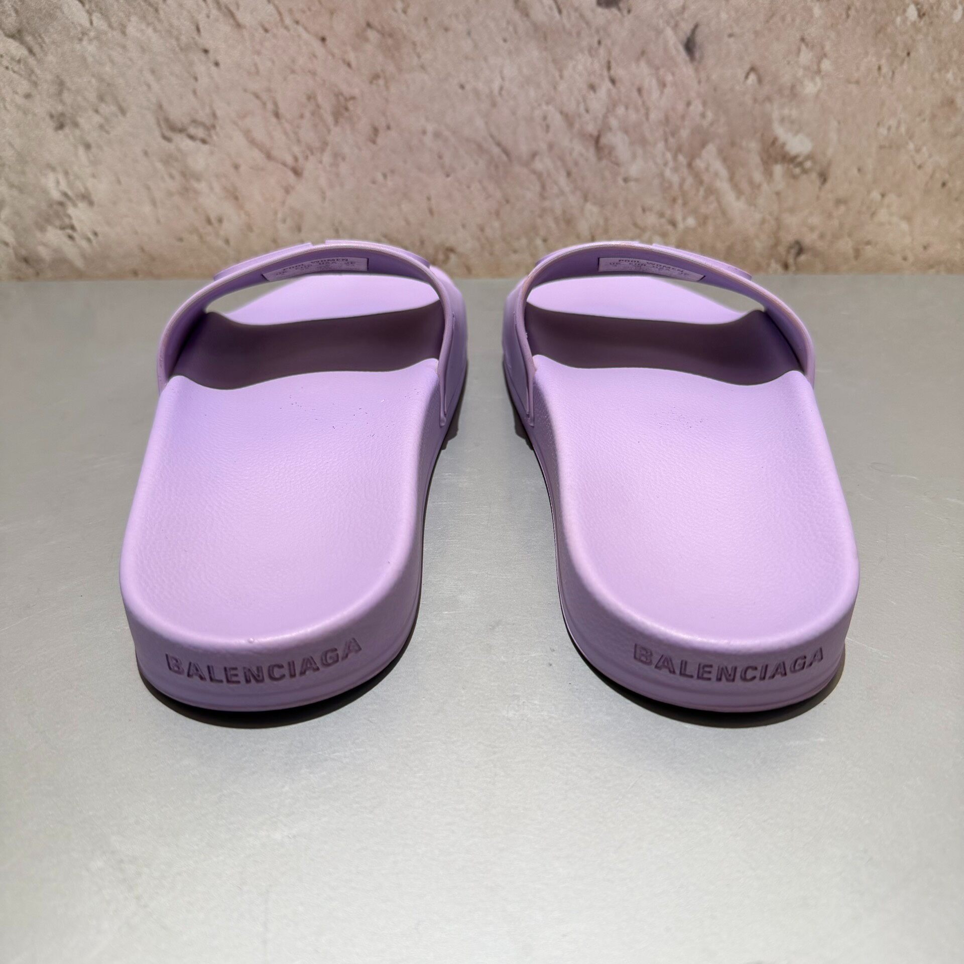 Balenciaga Purple Pool Slide Slippers — label