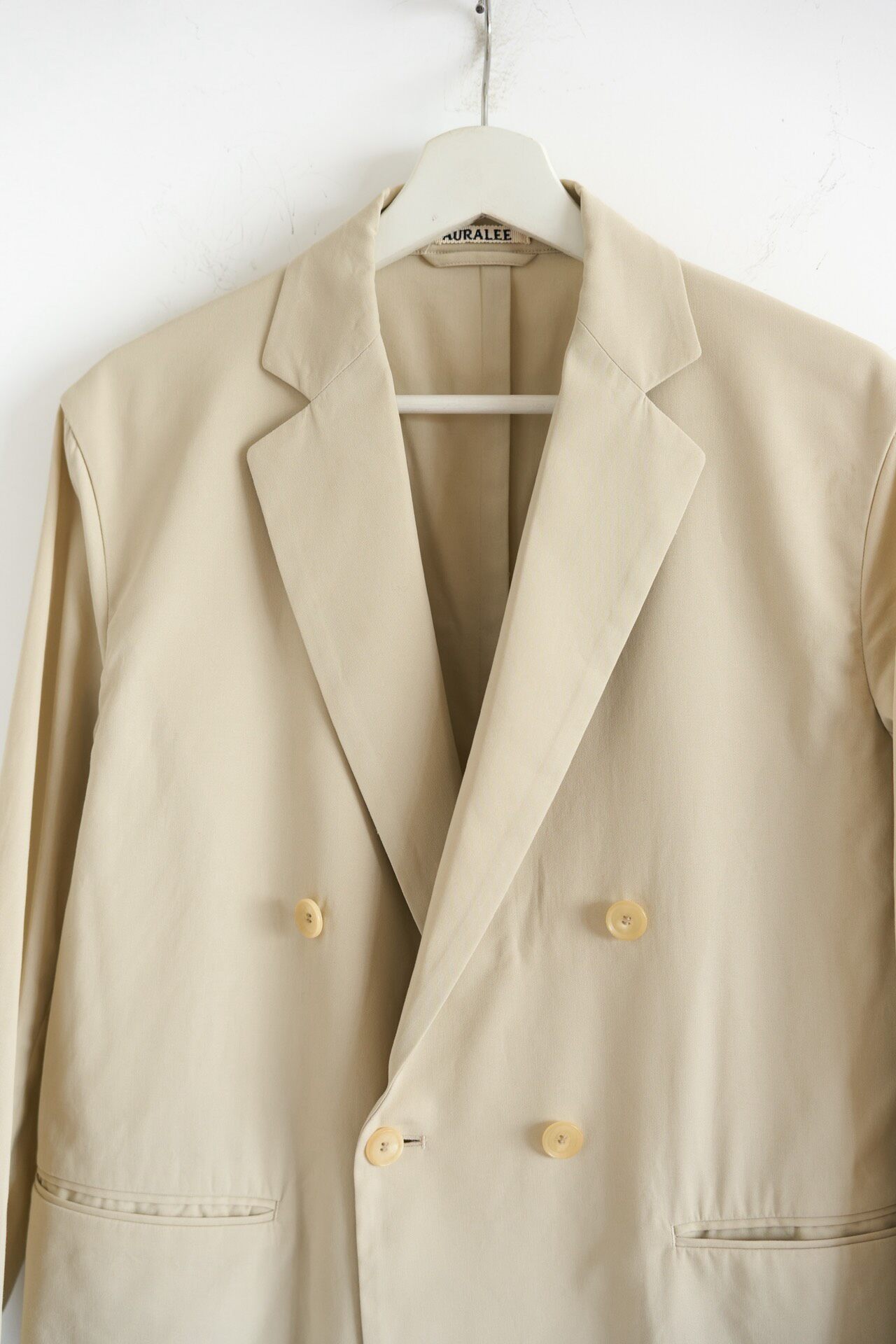 Auralee Minimalist Double-Breasted Blazer — detail